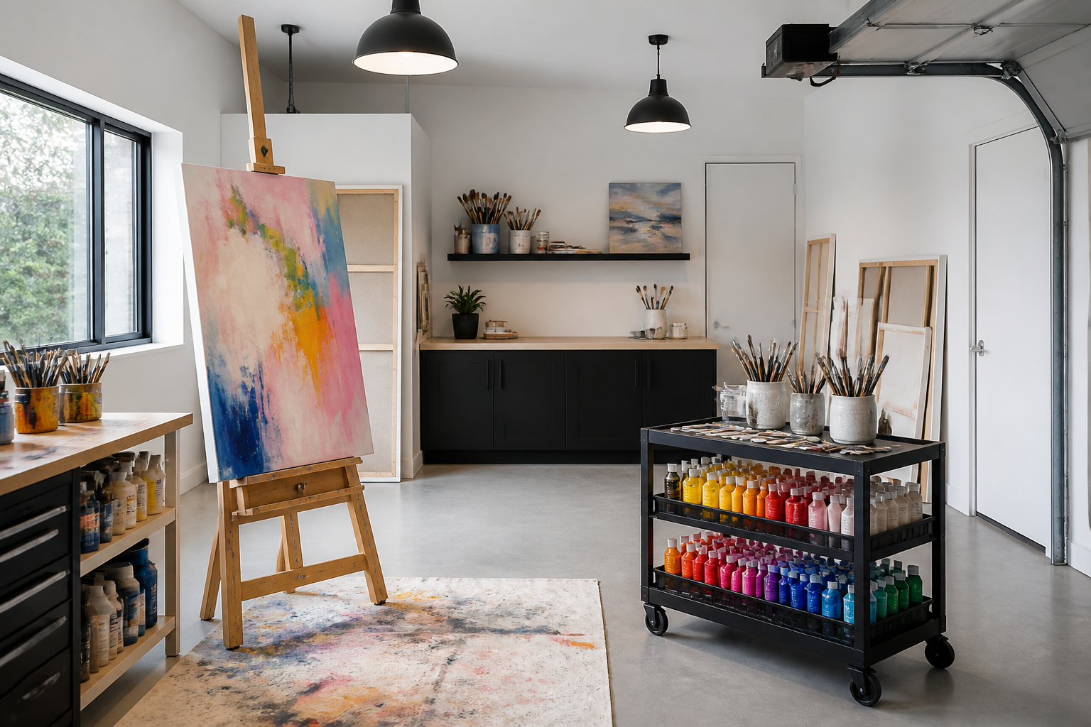 Garage painting studio with easel, organized paint cart, and natural window light