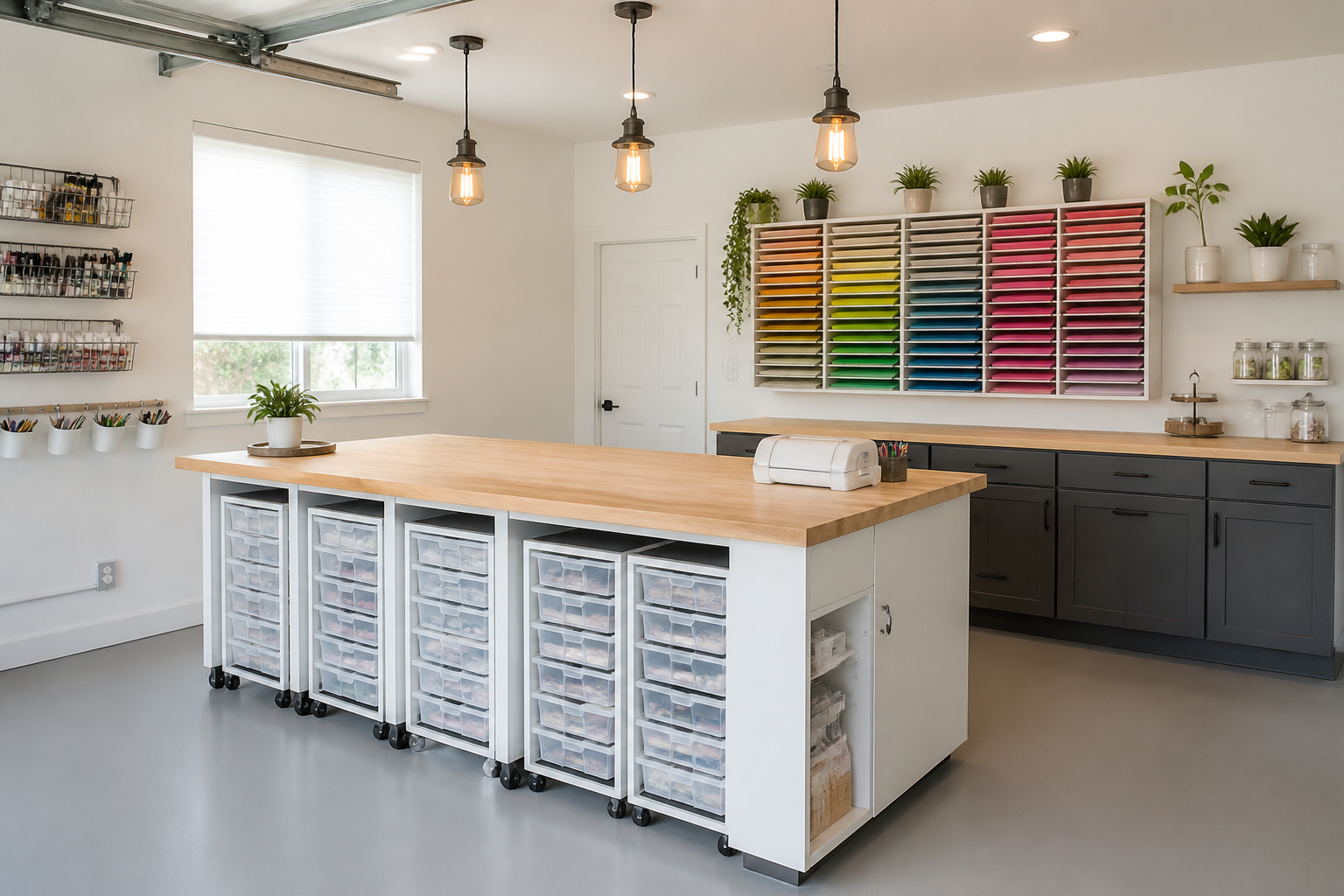 Garage paper crafting table with rolling storage carts and wall-mounted paper organizer