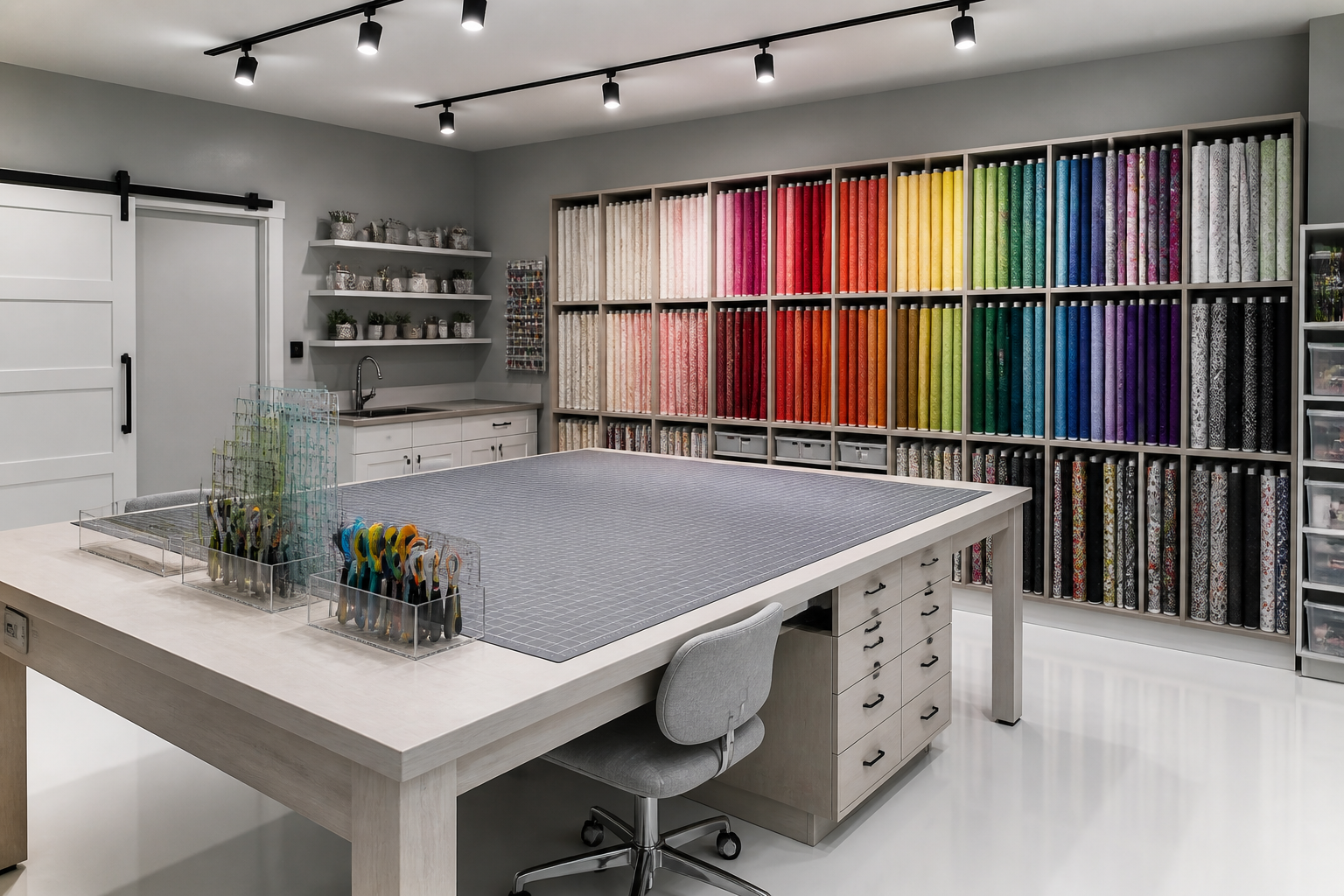 Garage quilting room with large cutting table and fabric storage cubbies