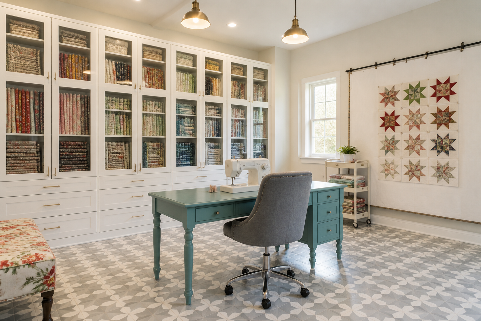 Garage quilting studio with glass-front fabric cabinets and design wall