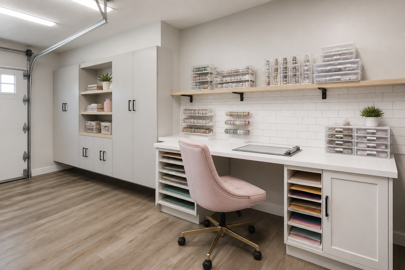 White scrapbooking desk in garage with paper storage cubbies and washi tape organizers