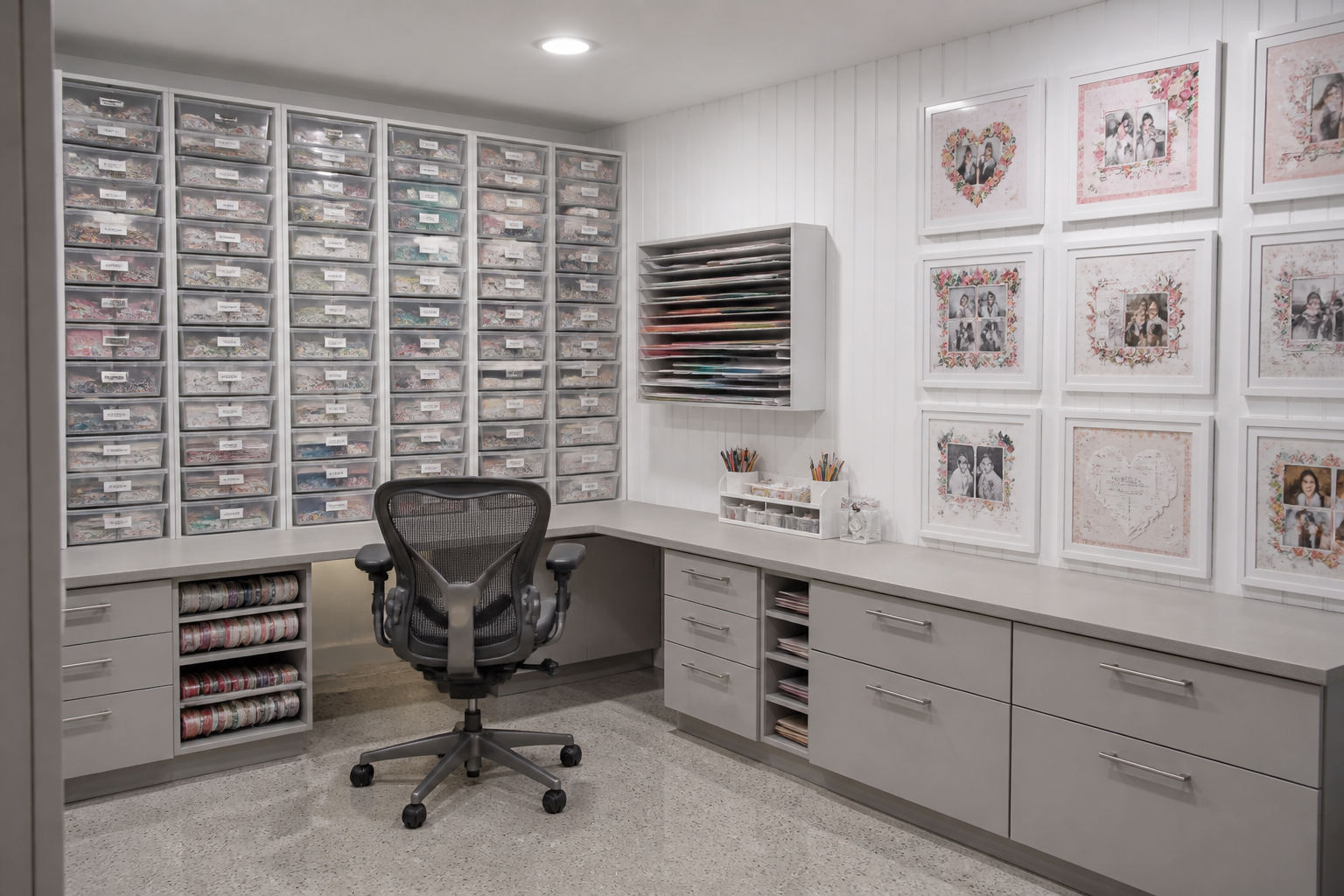 Scrapbook corner in garage with labeled clear storage containers and three-tier paper rack