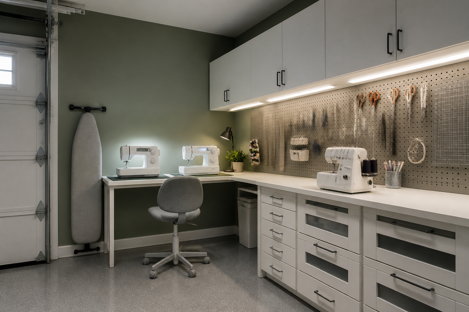 L-shaped sewing desk in garage craft room with pegboard tool organization