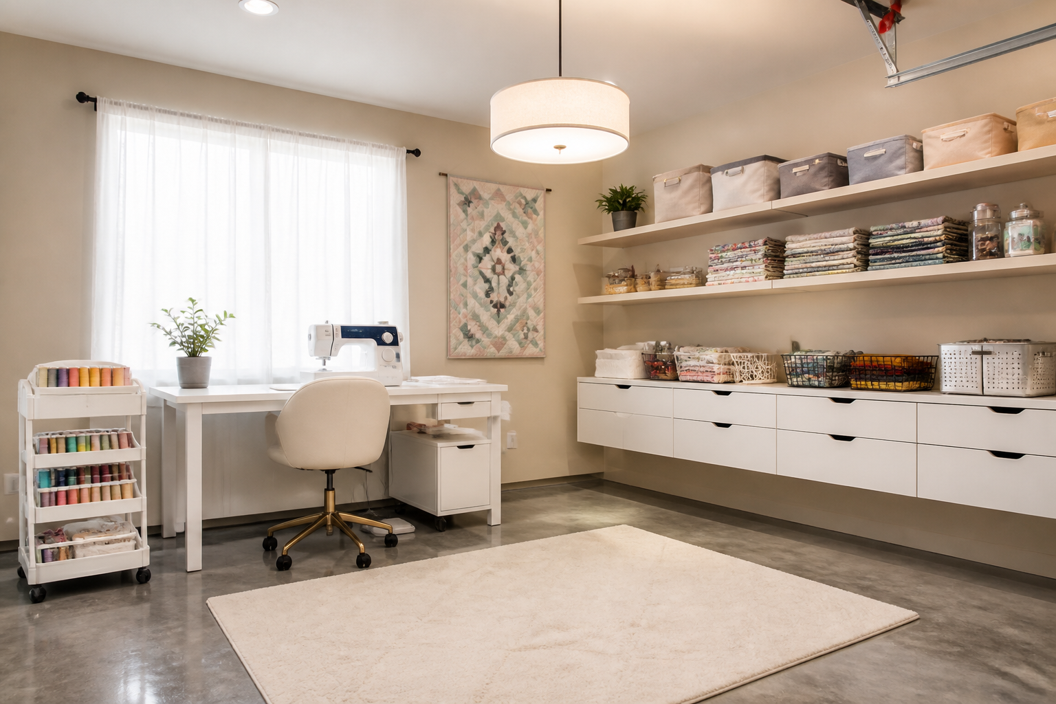 Sewing station in converted garage with white furniture and organized thread storage