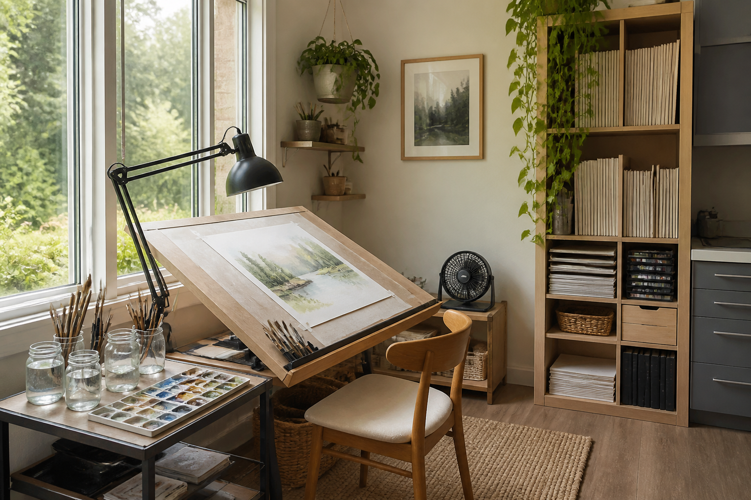 Watercolor painting corner in garage with tilted desk and window light