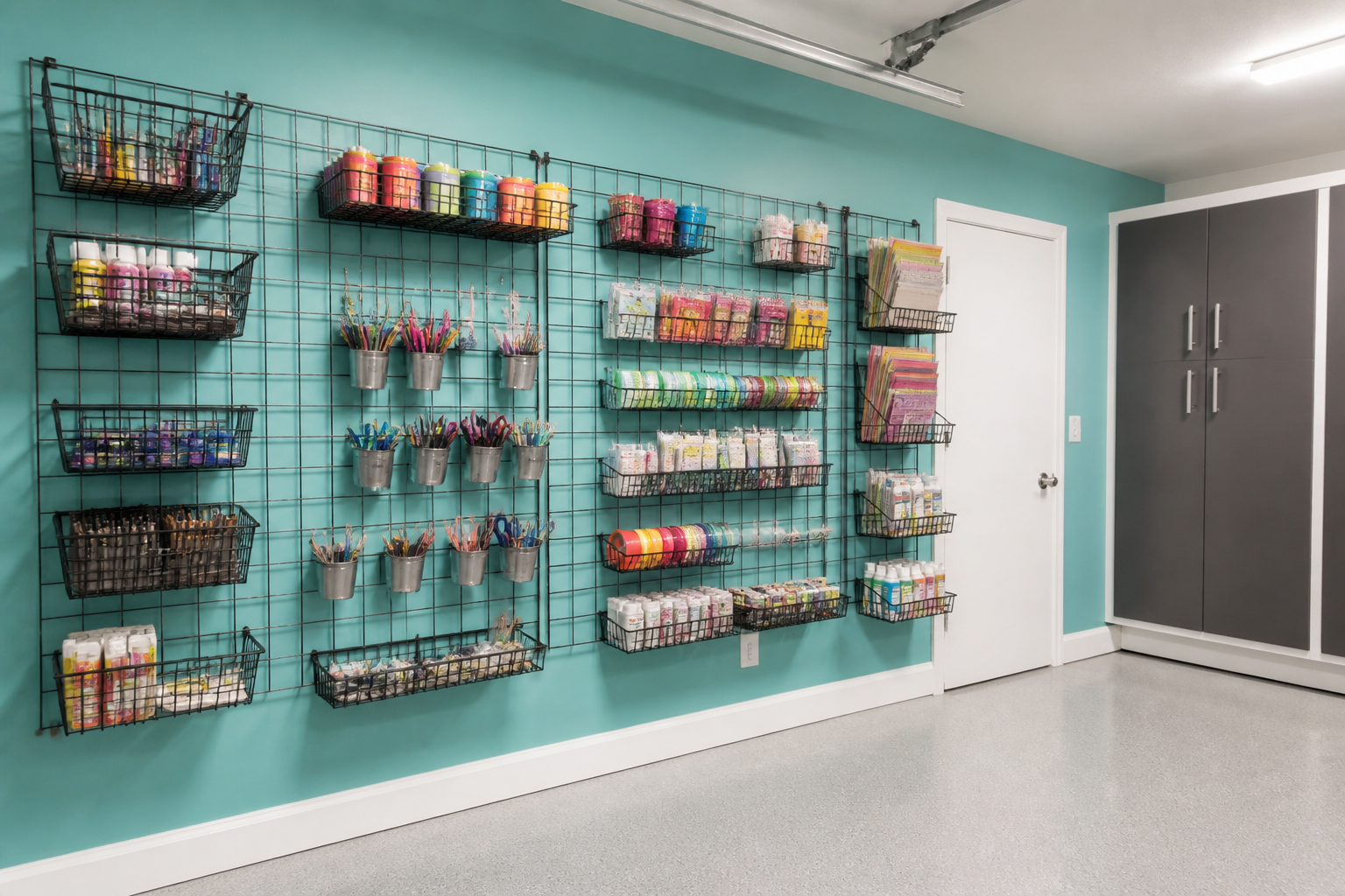 Wire grid craft wall in garage with hanging baskets and magnetic supply containers