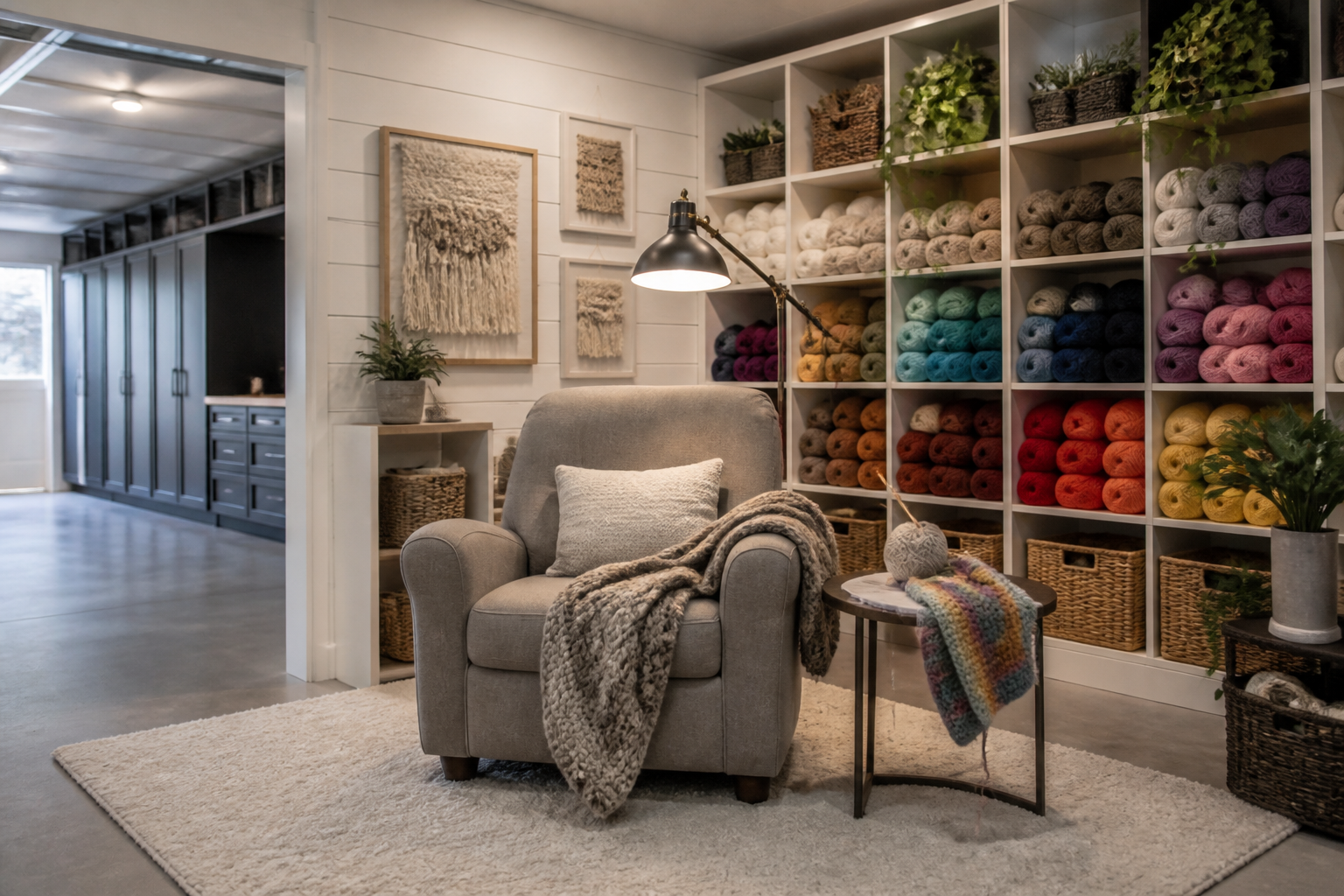Garage yarn corner with rainbow cubby storage and comfortable reading chair
