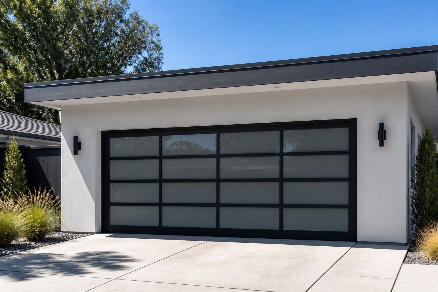 Black aluminum garage door with frosted glass panels and white stucco walls