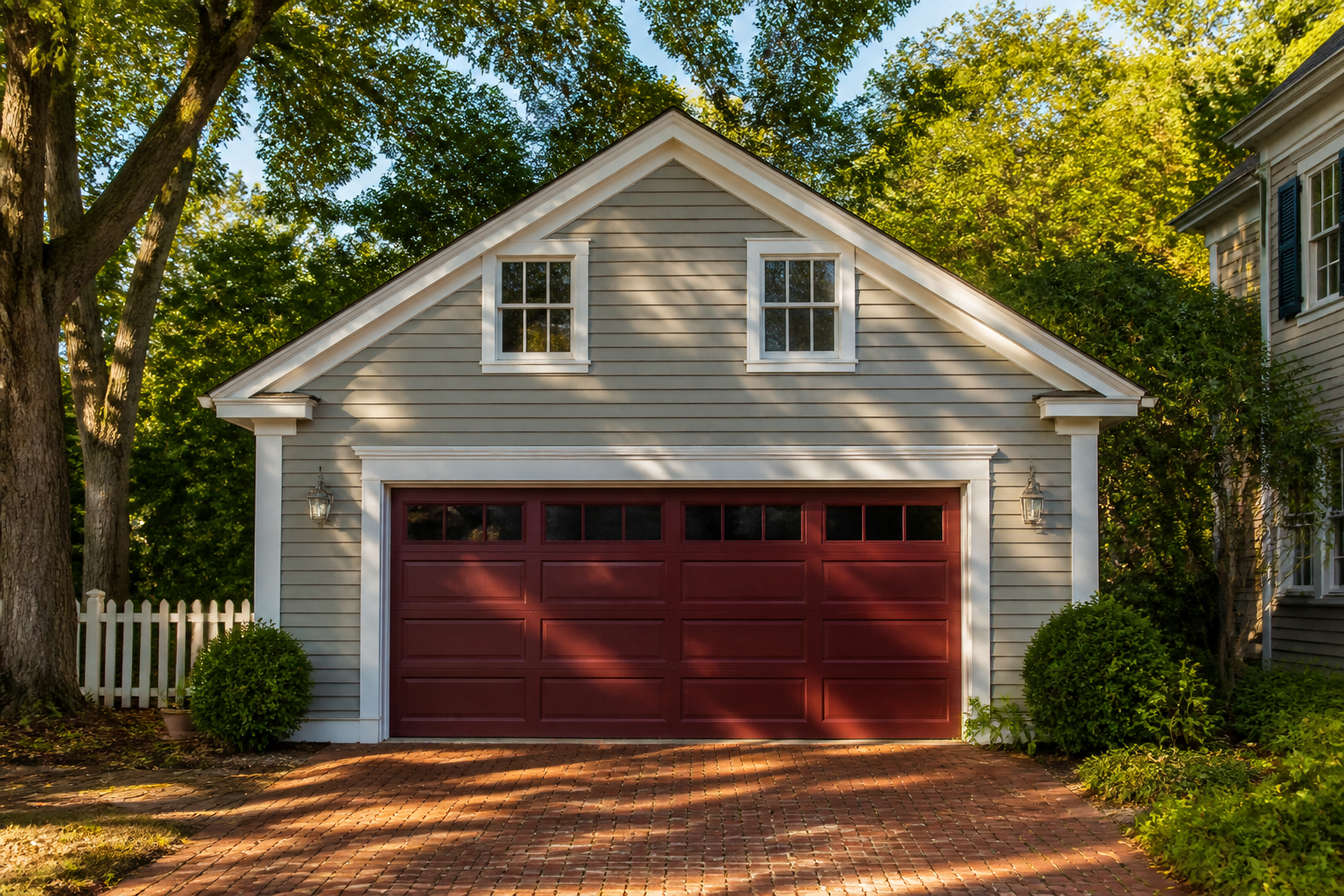 Burgundy red colonial garage door with white trim and gray siding