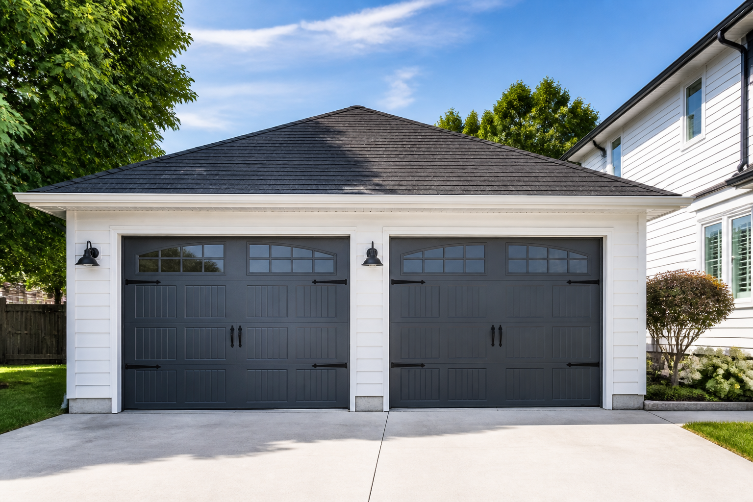Dark gray carriage-style garage doors with decorative black hardware and window panels