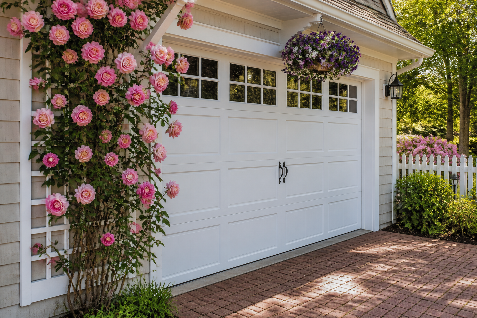 Pink climbing roses on white trellis beside garage door with hanging basket and brick pavers