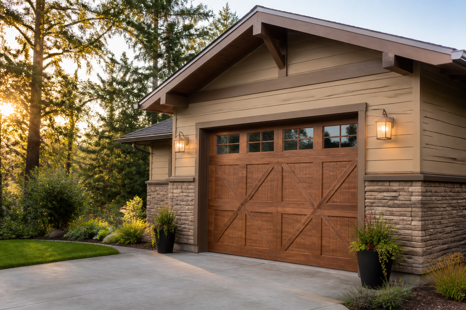 Wood-stained craftsman garage door with stone veneer accent wall and warm lighting