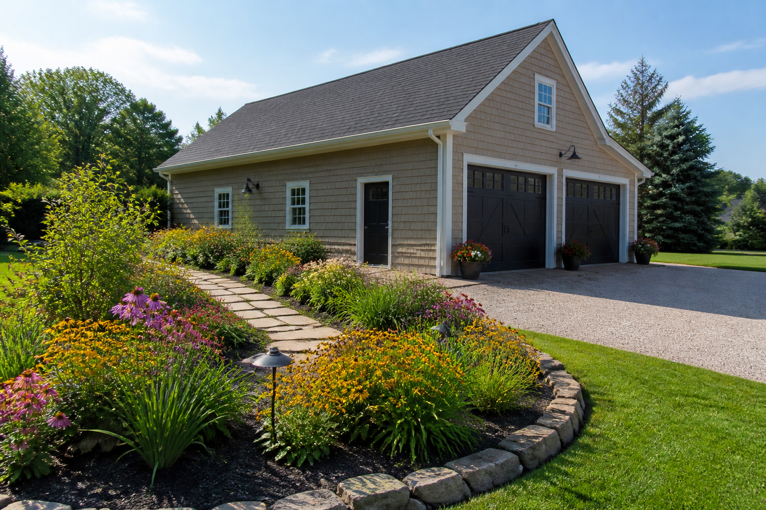 Curved perennial flower bed with stone edging along garage approach and flagstone path