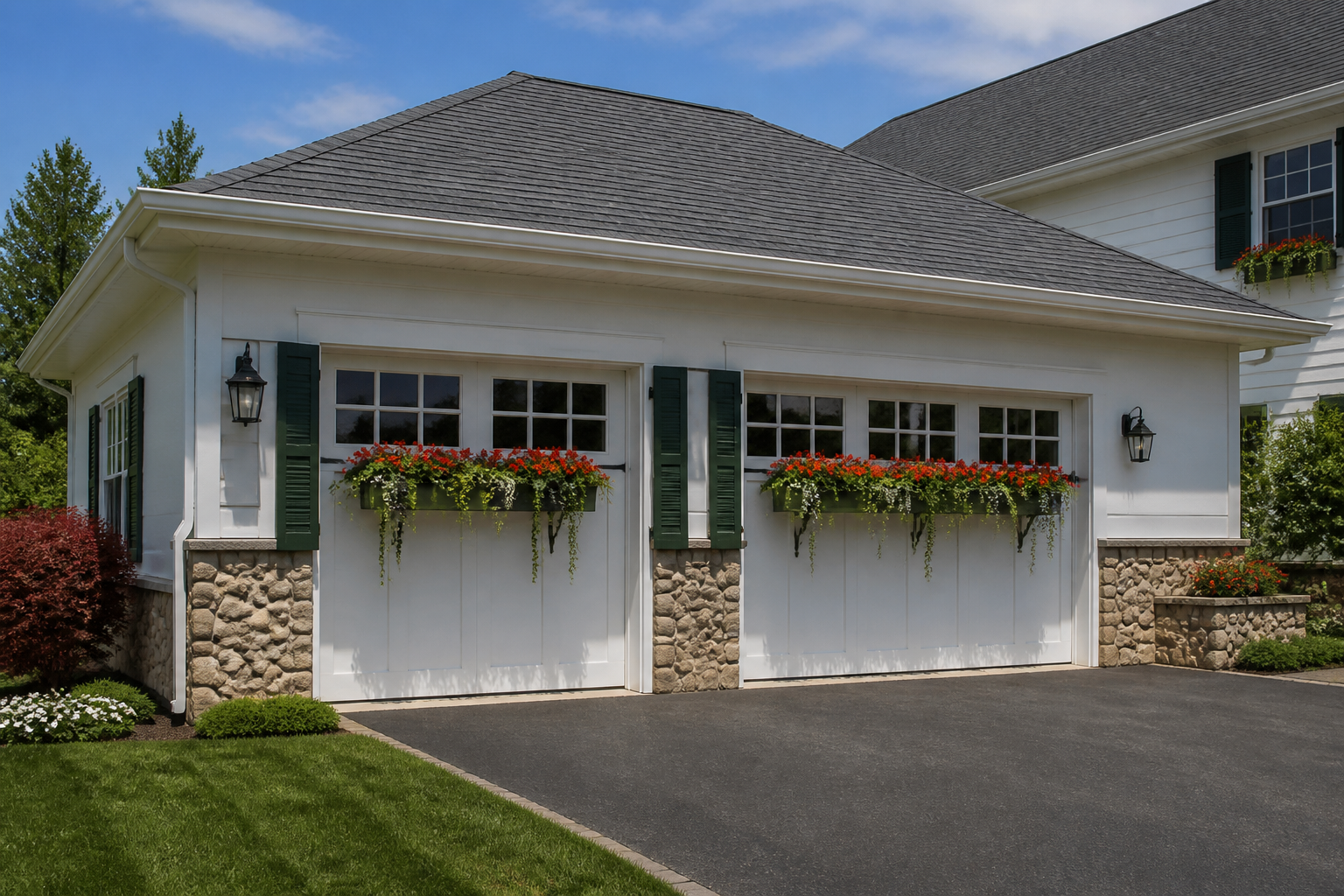 Red geranium window boxes below garage windows with ivy and stone veneer accents