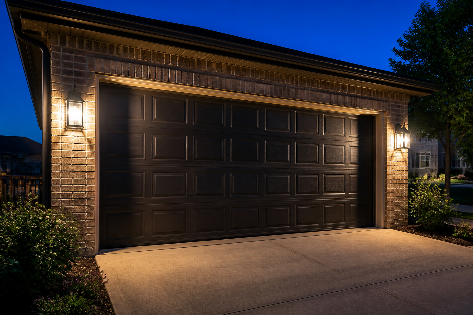 Black lantern wall sconces flanking garage door at dusk with warm LED lighting