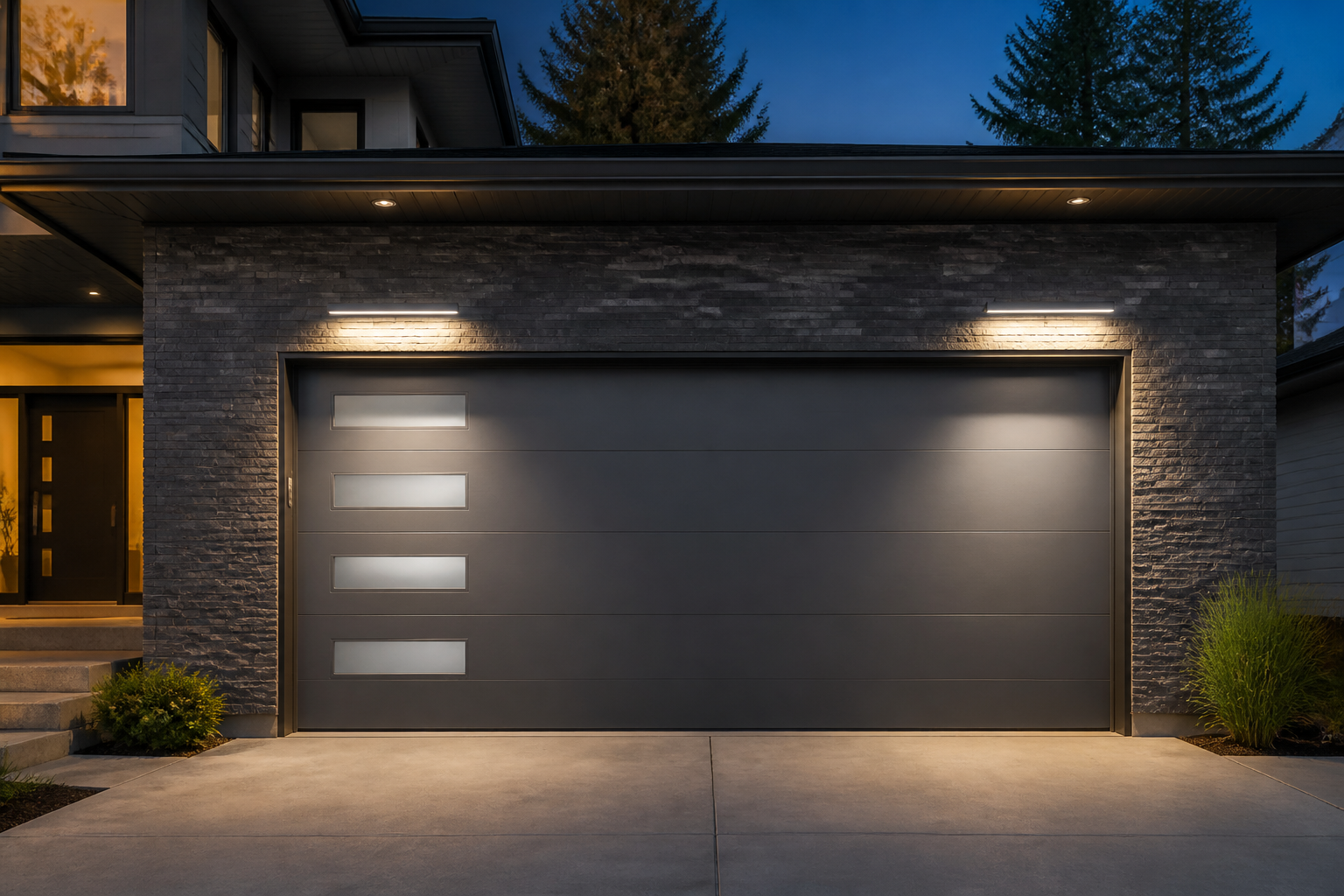 Sleek rectangular LED wall lights above modern garage door with brushed nickel finish