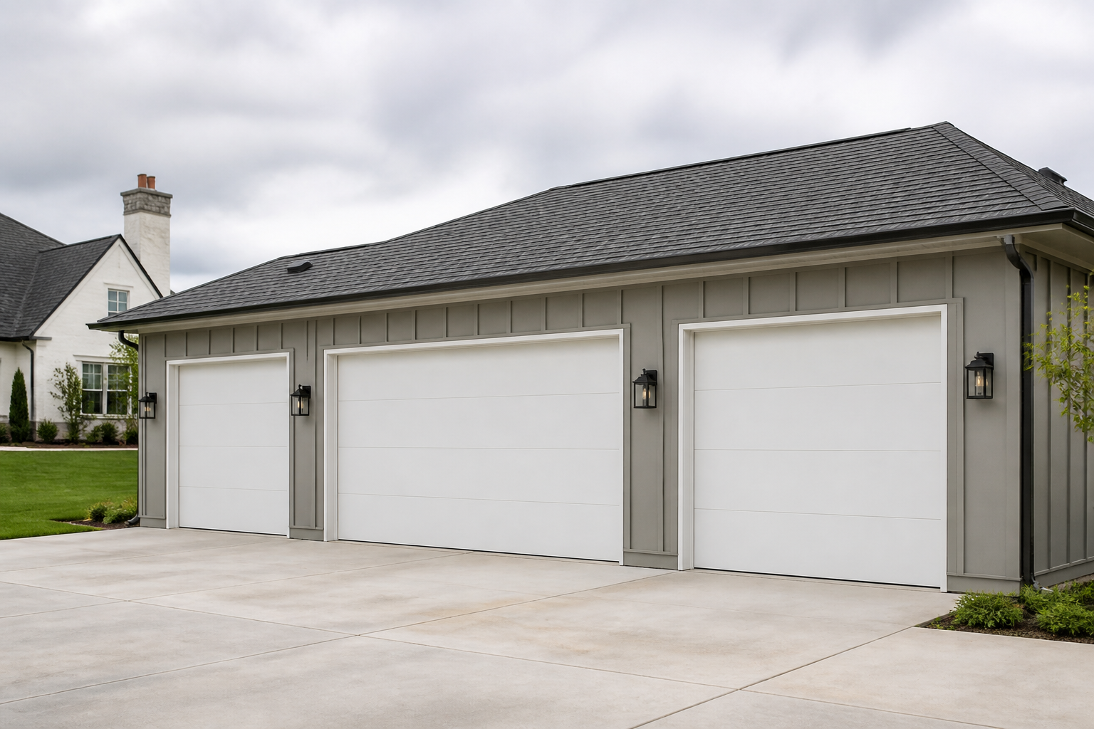 Three white flat-panel garage doors with modern minimalist design and gray siding