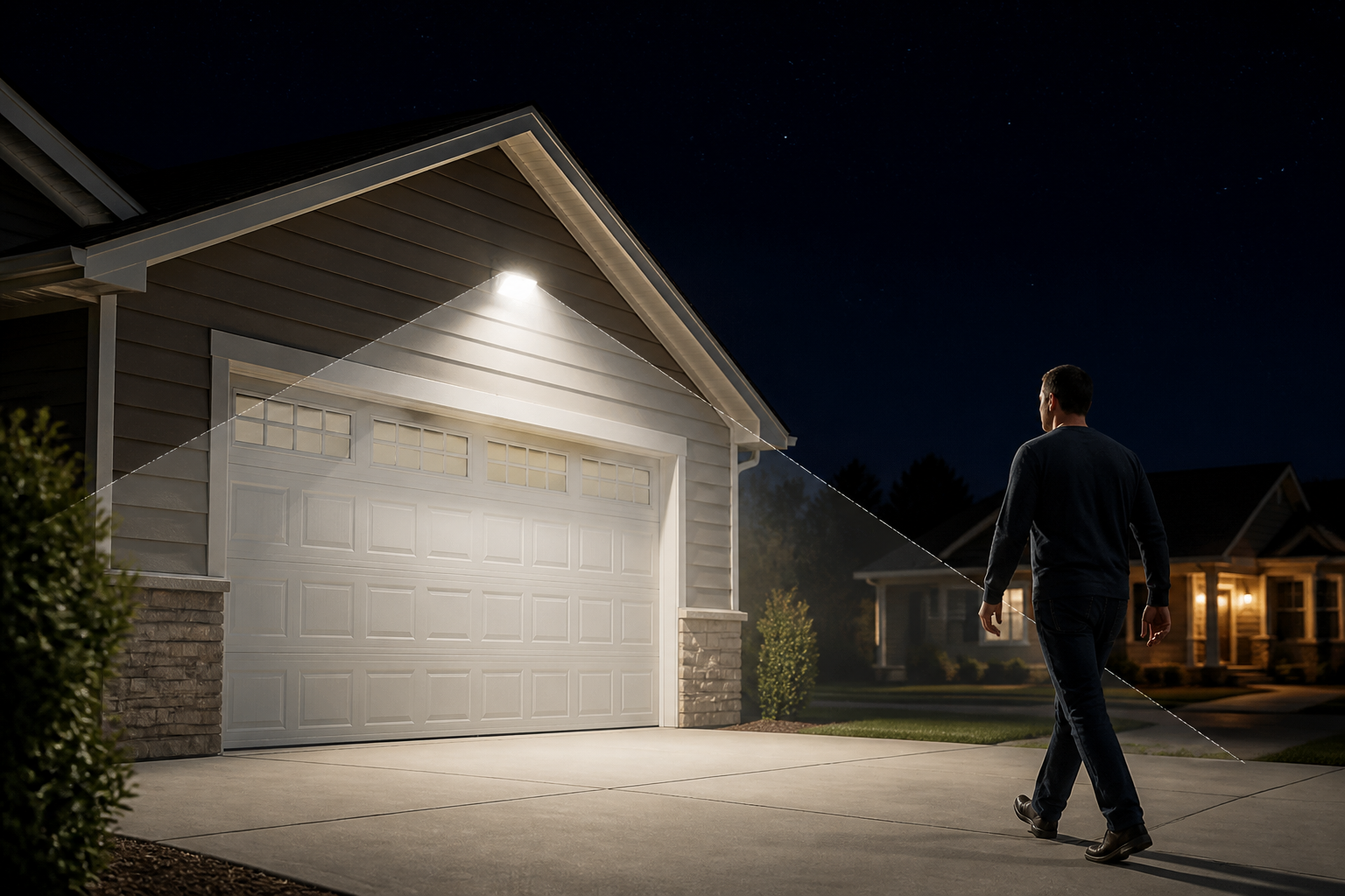 Motion-sensor LED overhead light activated above garage door at night for security