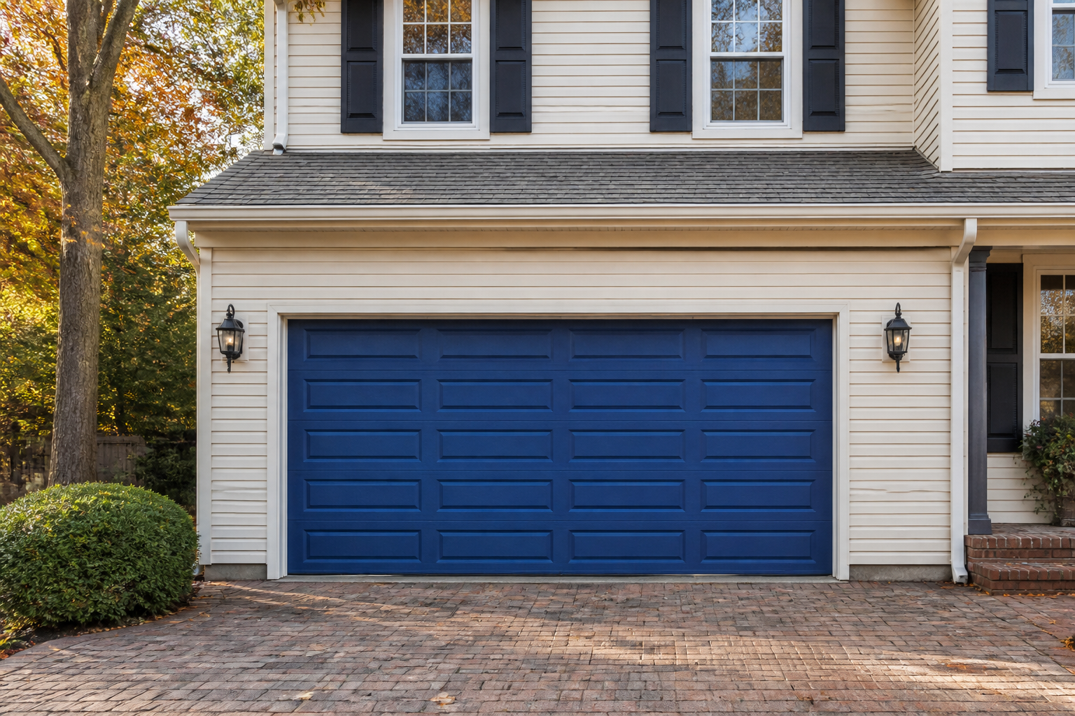 Navy blue raised panel garage door with cream siding and black shutters
