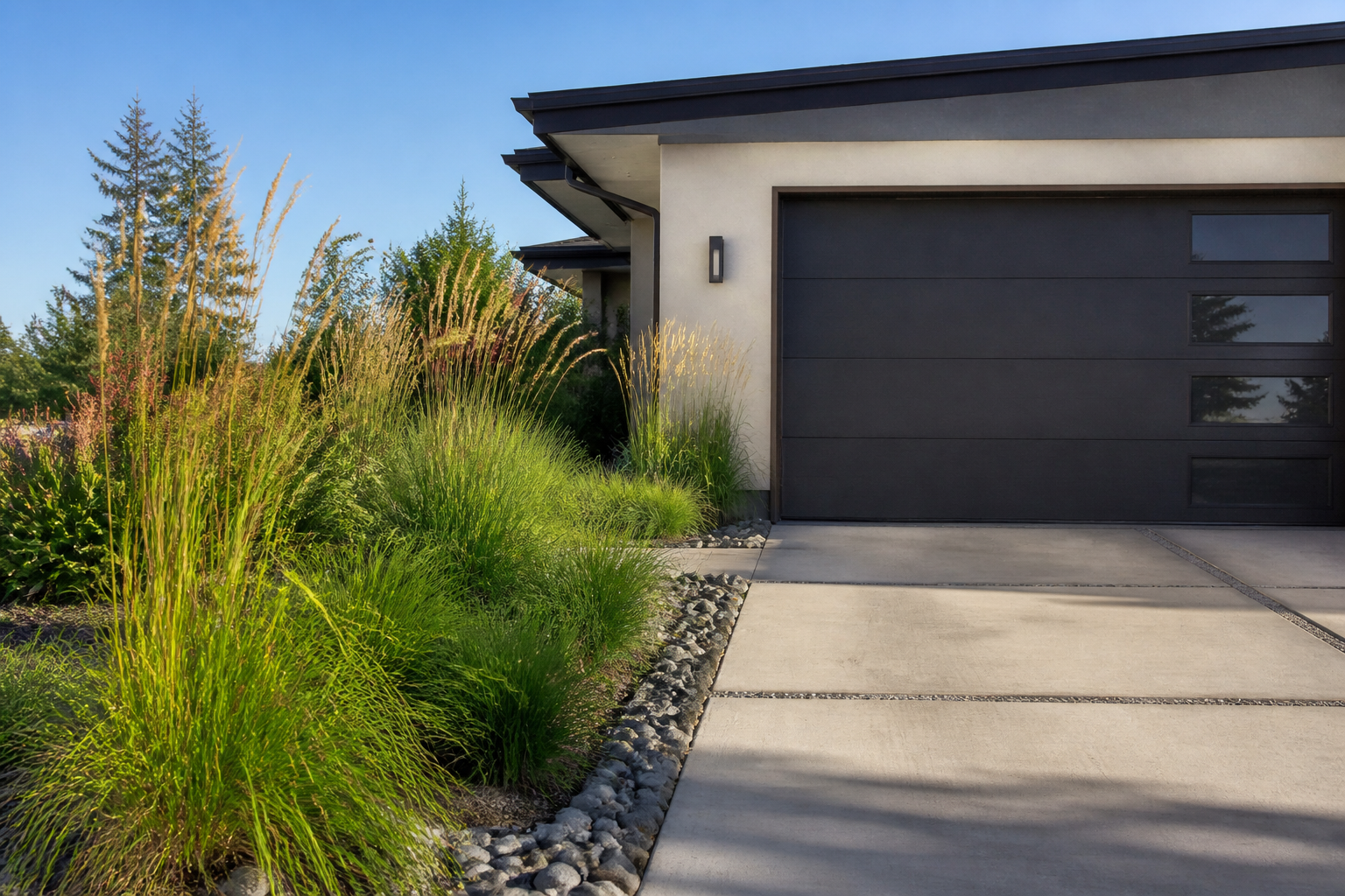 Ornamental grasses and river rock garden along modern garage driveway edge