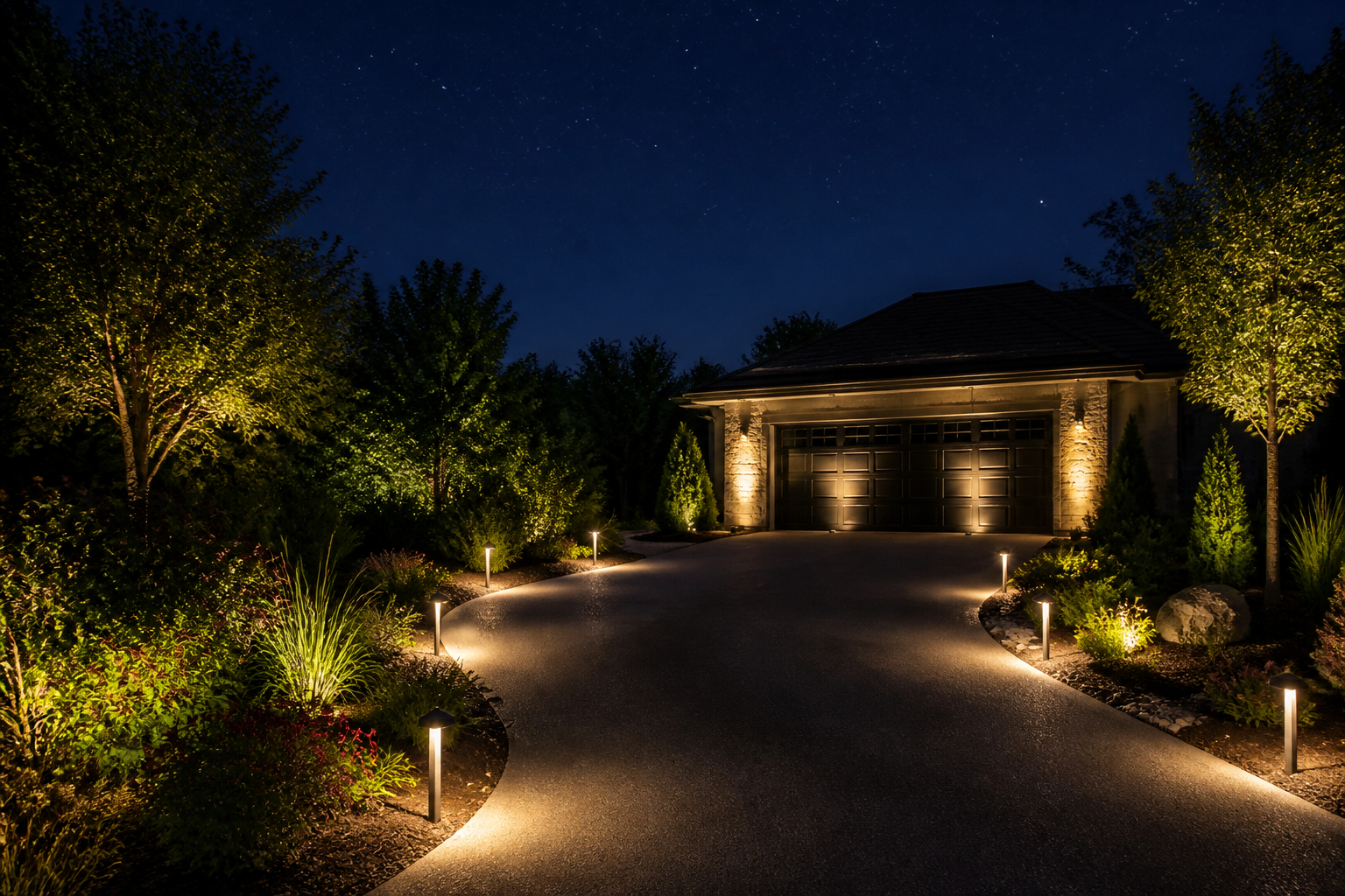 Low-voltage bollard path lights lining garage driveway with warm ambient glow at night