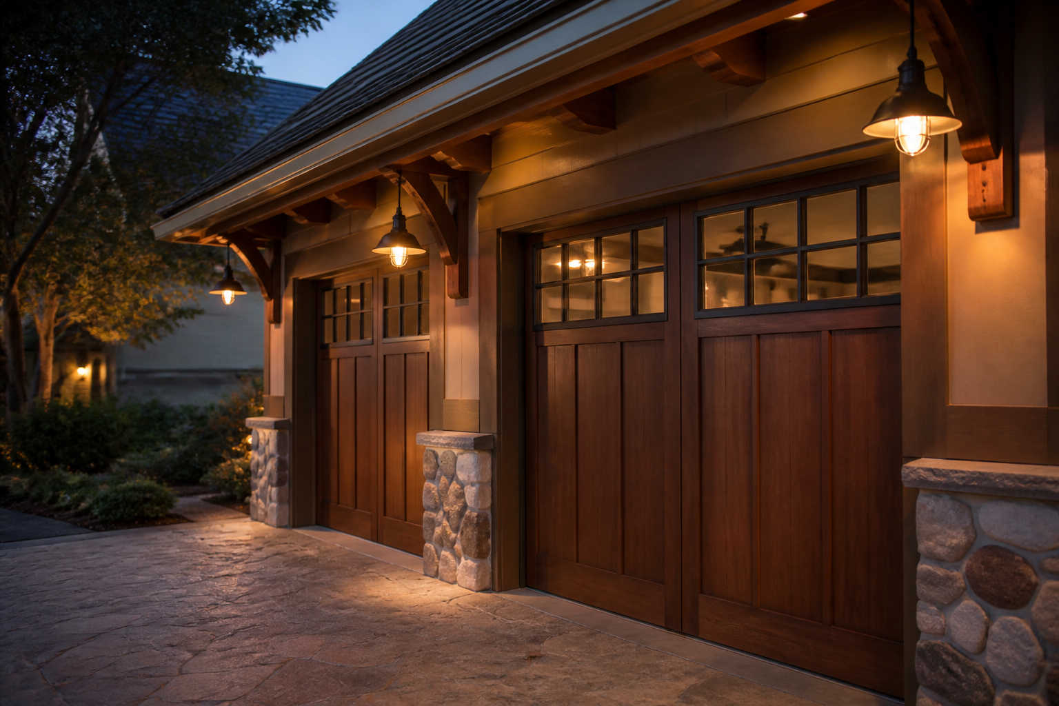 Bronze pendant lights with Edison bulbs hanging from craftsman garage eaves at night