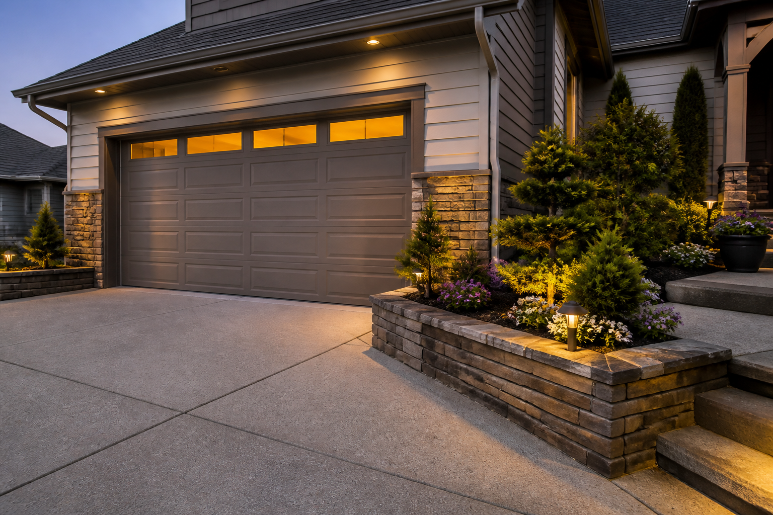 Raised stone planter beds with evergreens beside modern garage with integrated lighting
