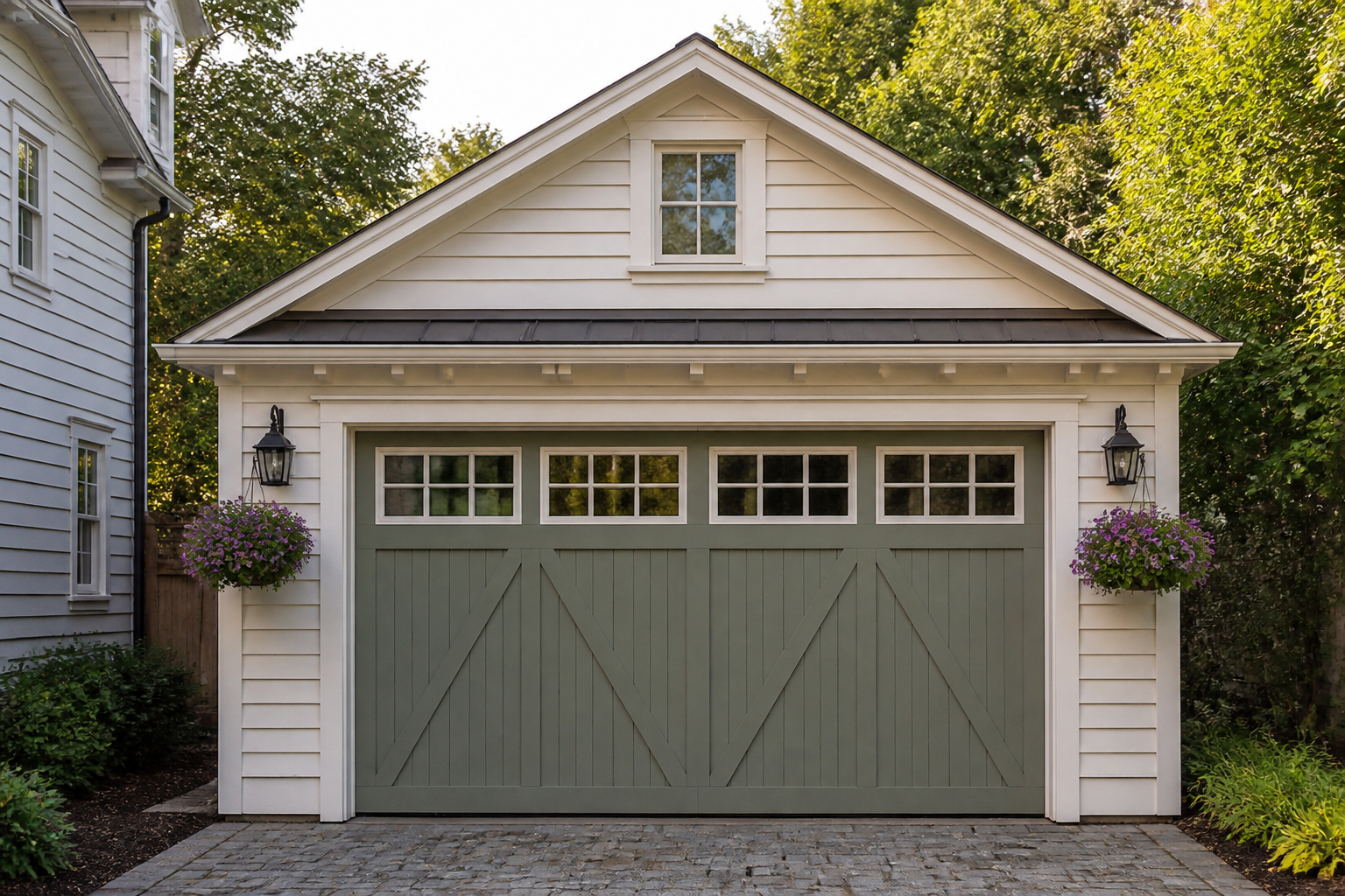 Sage green cottage-style garage door with white trim and hanging flower baskets