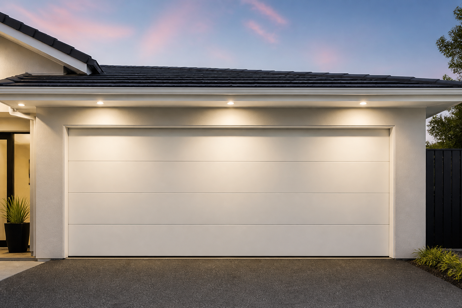 Recessed soffit lighting above garage door creating even wash of light at twilight