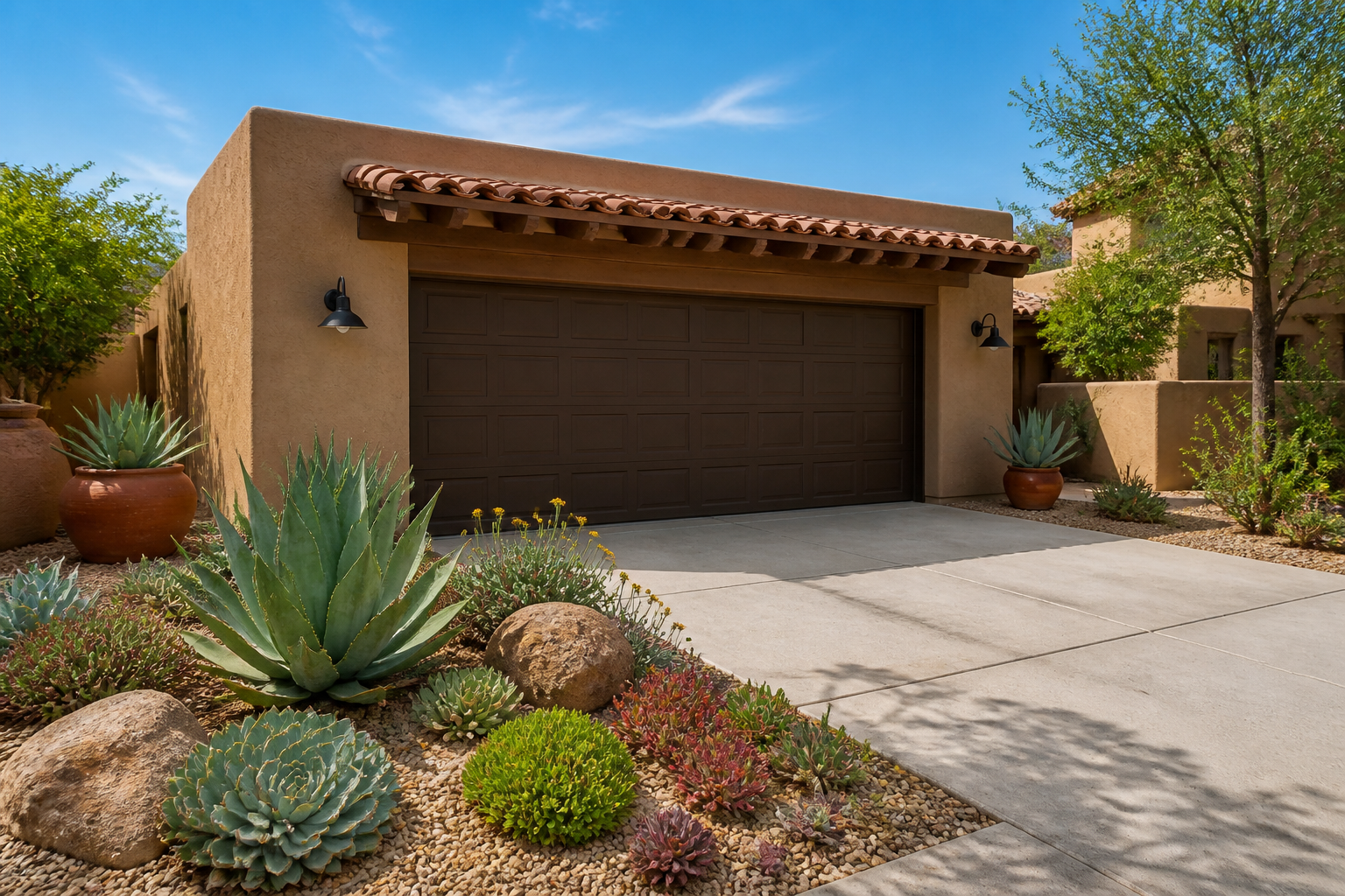 Succulent garden with agave and sedum bordering garage driveway in southwestern style