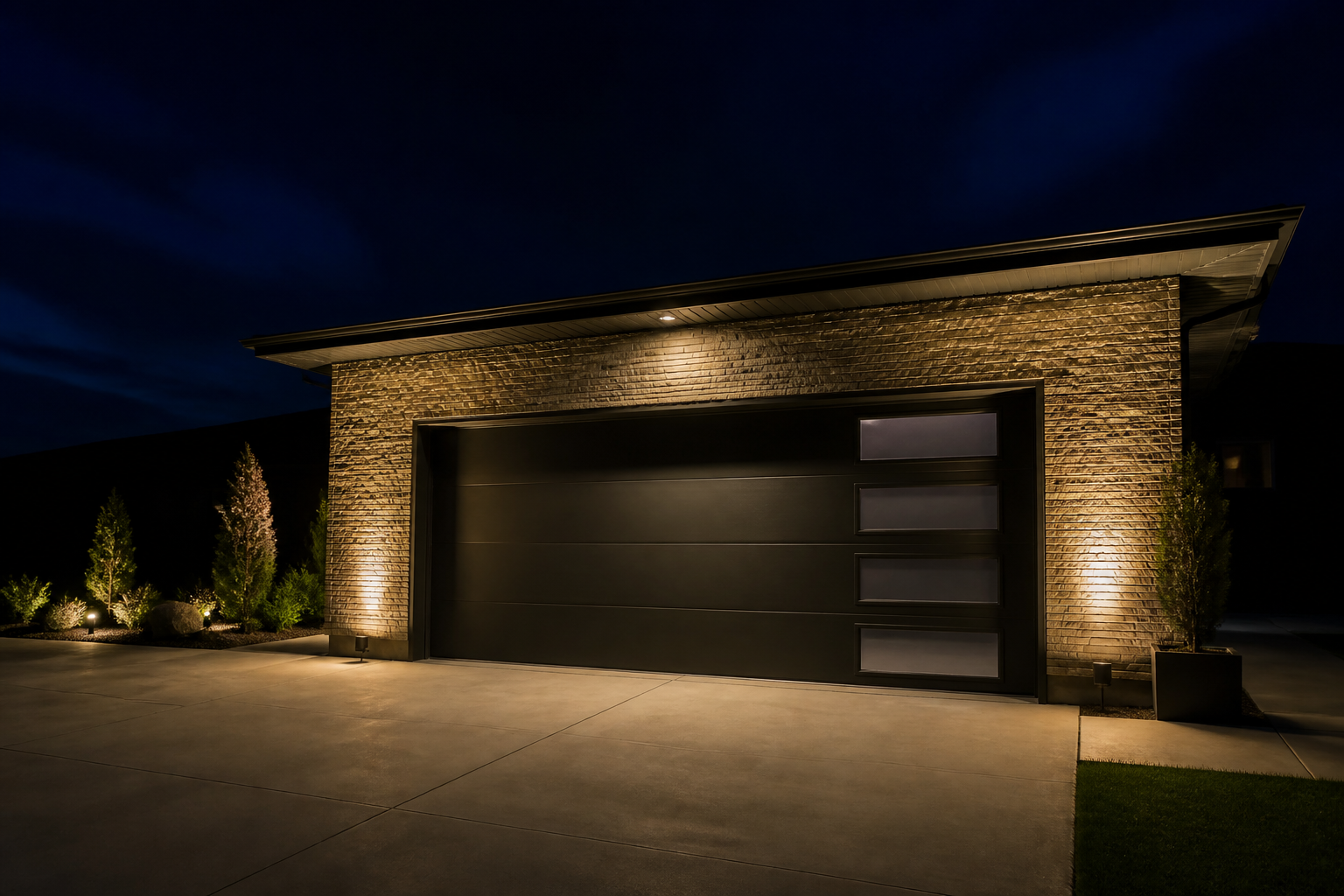 Ground-level uplighting creating dramatic shadows on garage stone veneer at night
