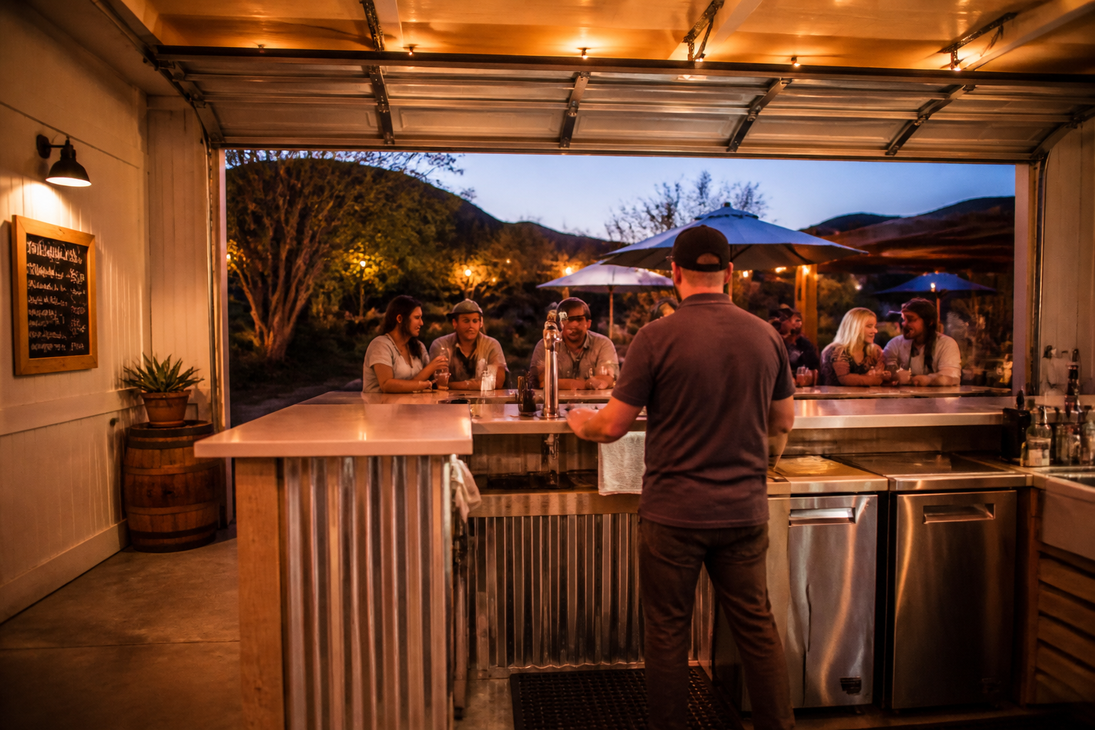 Roll-up garage door bar setup with seating on both interior and exterior sides of opening