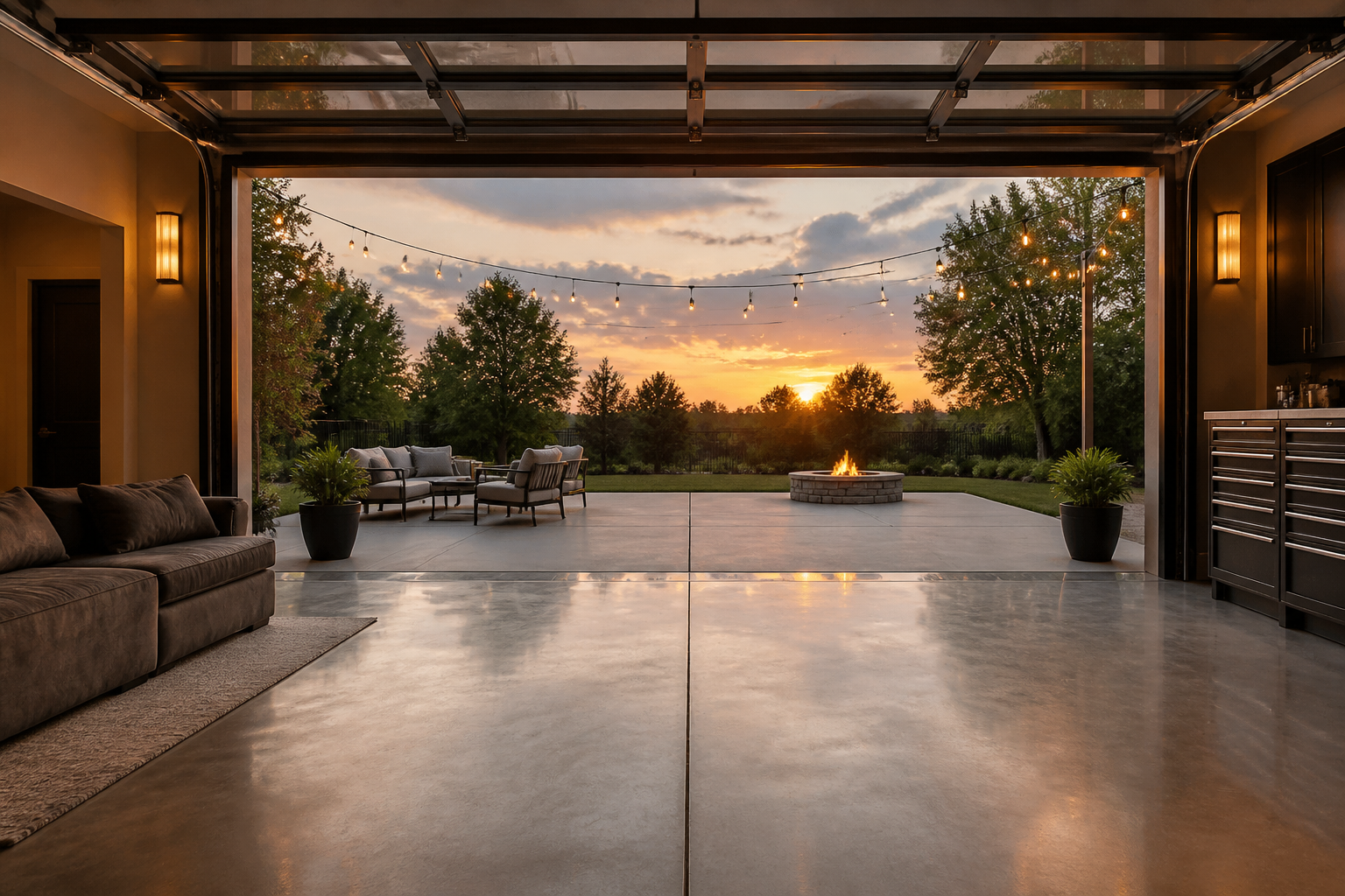Glass garage door fully opened connecting interior lounge to outdoor patio with continuous flooring