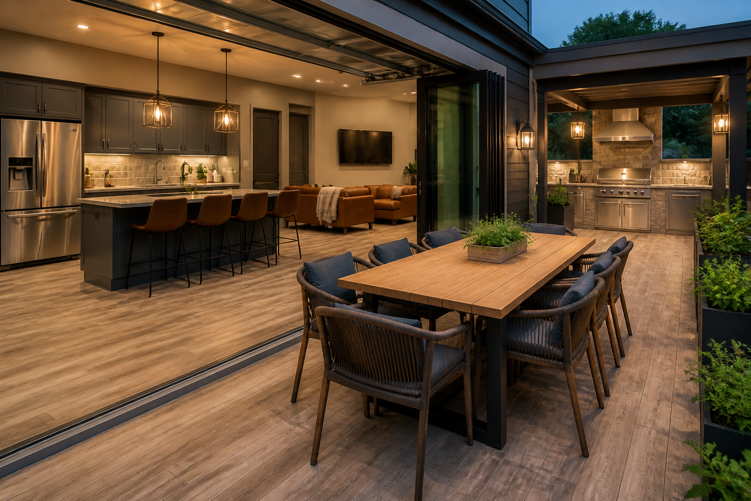 Garage kitchen with bifold doors connecting to outdoor kitchen and patio dining area