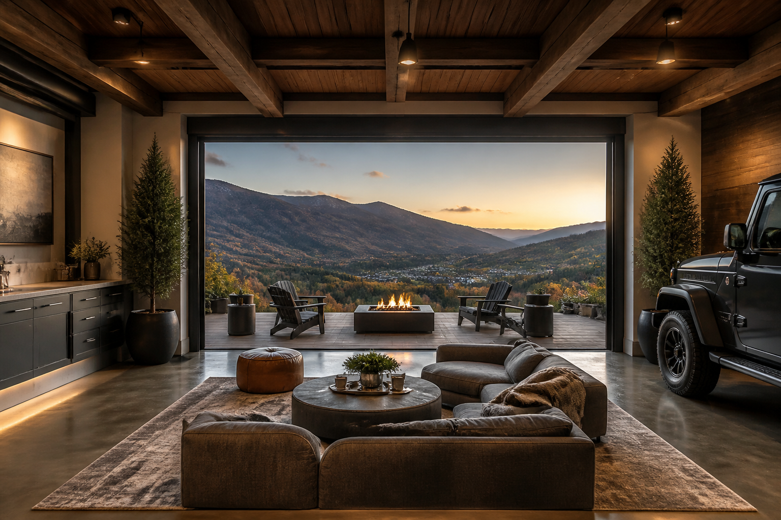 Doorless garage opening with mountain view featuring indoor lounge and outdoor fire table deck