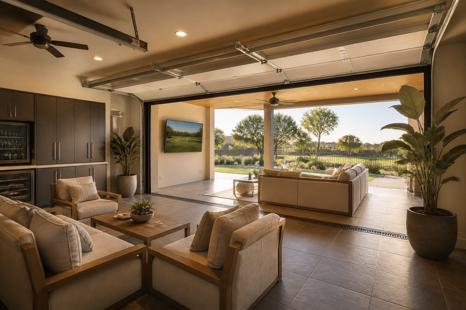 Sliding glass garage doors opening to covered patio with shared TV viewing from both spaces
