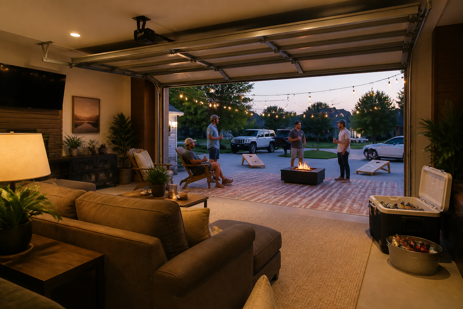Traditional garage door raised halfway with furniture facing driveway party area and fire pit
