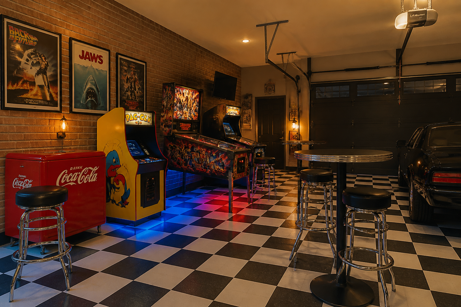 Retro arcade game corner in garage with vintage machines, neon lighting, and checkered floor tiles