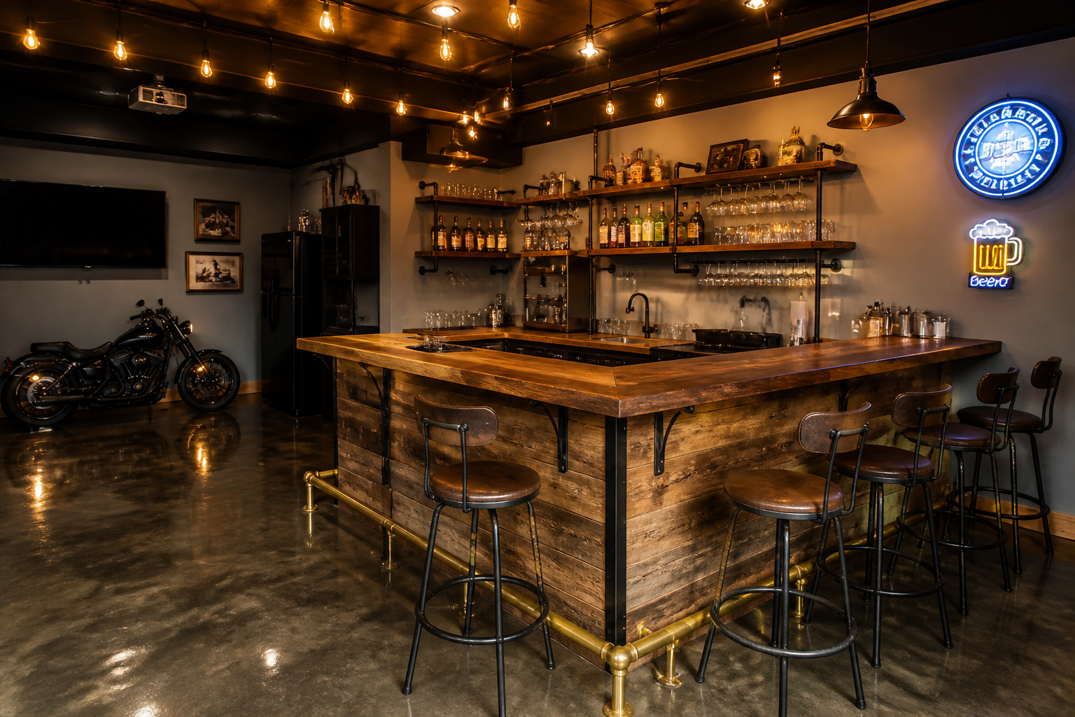 Garage bar setup with reclaimed wood counter and industrial metal brackets for home entertaining