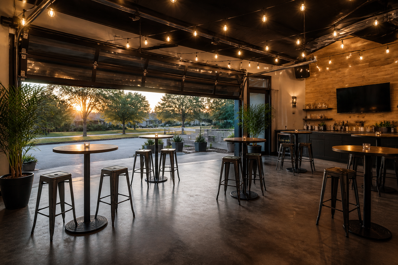 Flexible garage party layout with high-top tables and folding glass garage door opening to outdoors
