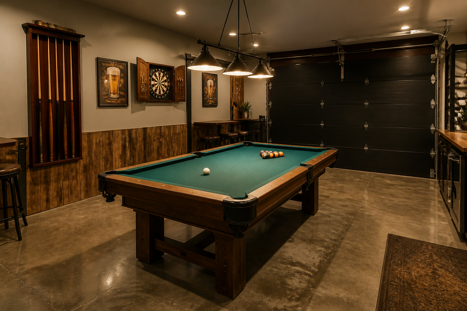 Pool table and dartboard game area in garage with focused lighting and wall-mounted cue storage