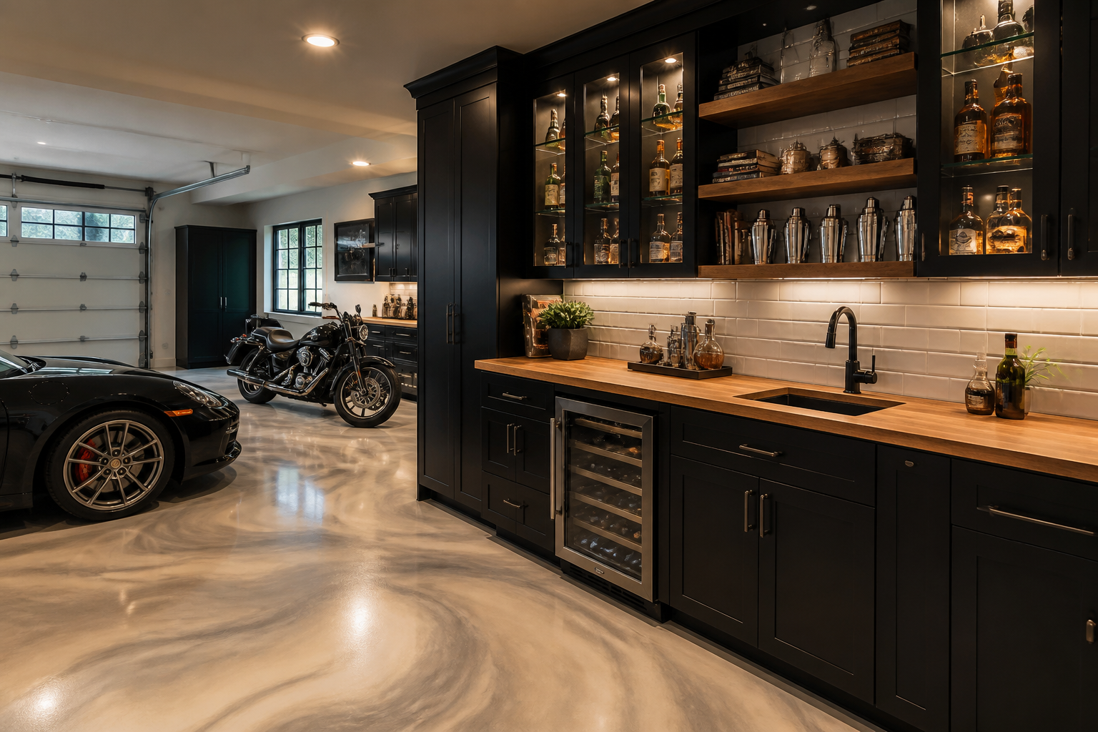 Custom garage bar with black cabinetry, butcher block counter, and backlit glass display cabinets