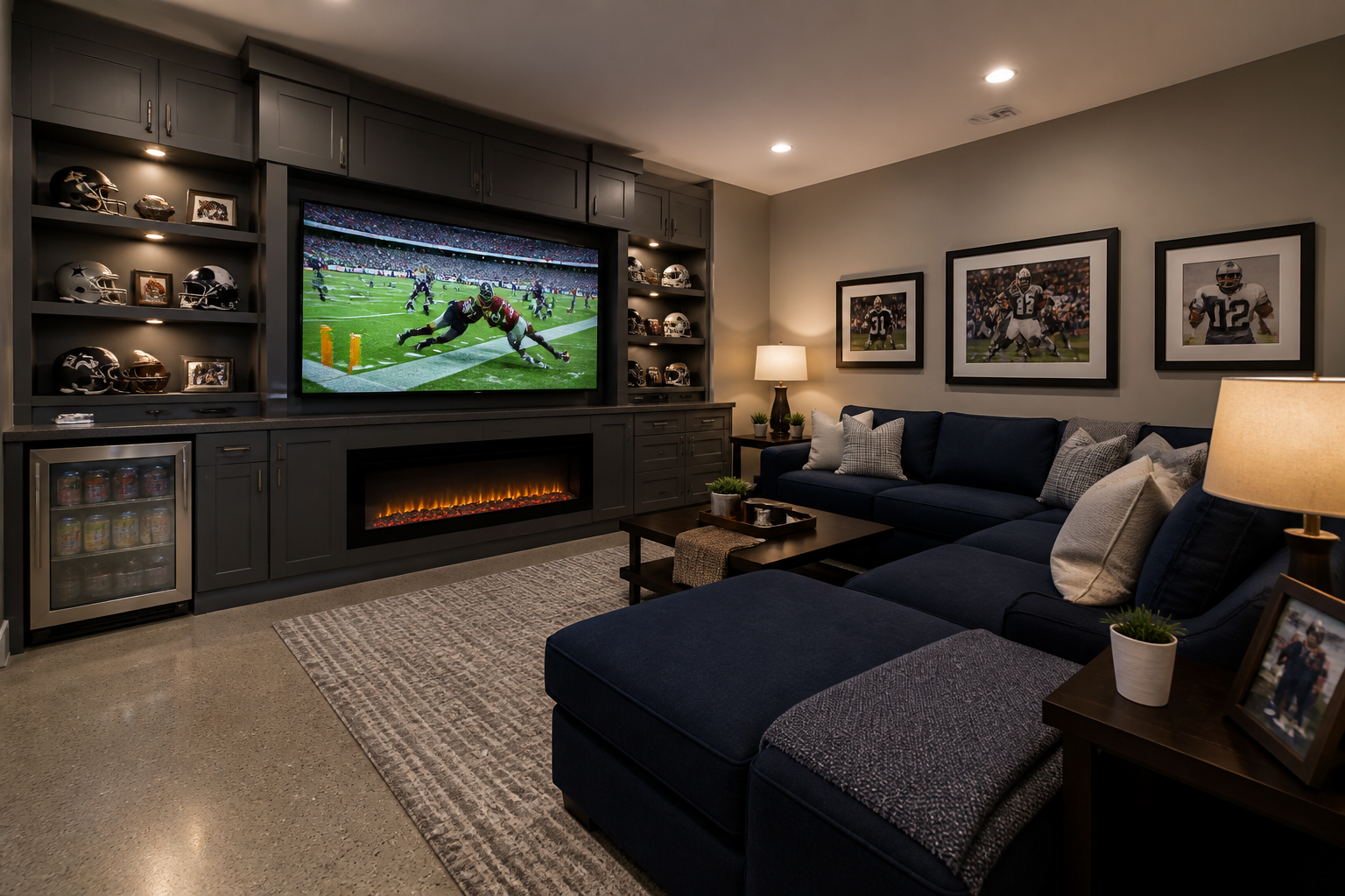Built-in entertainment center garage sports room with fireplace and L-shaped sectional