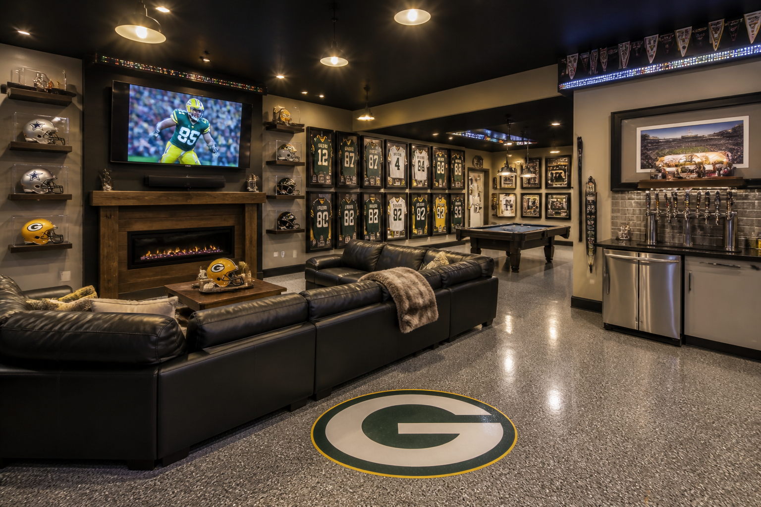 Sports memorabilia garage viewing room with jerseys, signed helmets, and embedded floor logo