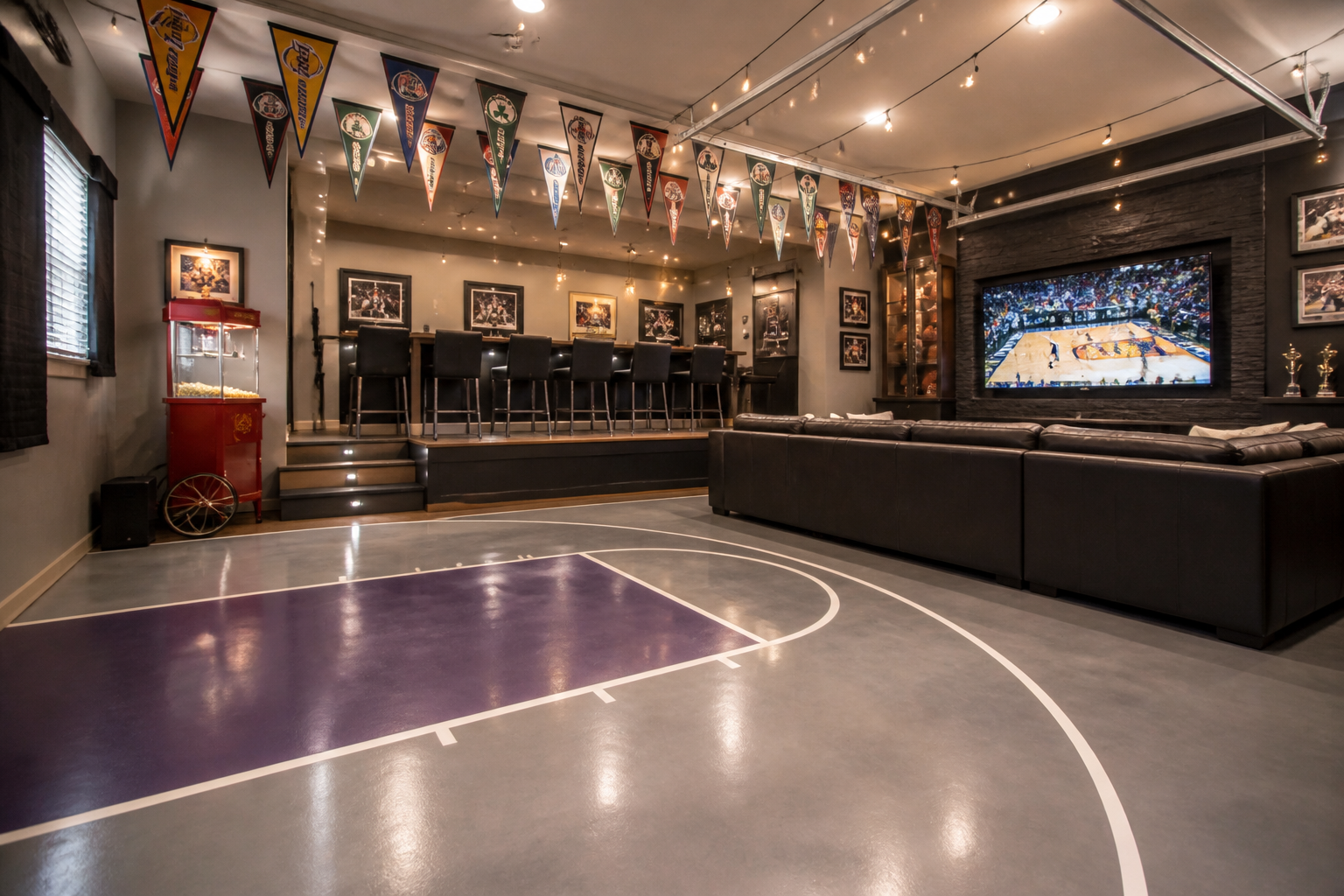Tiered stadium seating garage sports room with court-painted floor and ceiling pennants