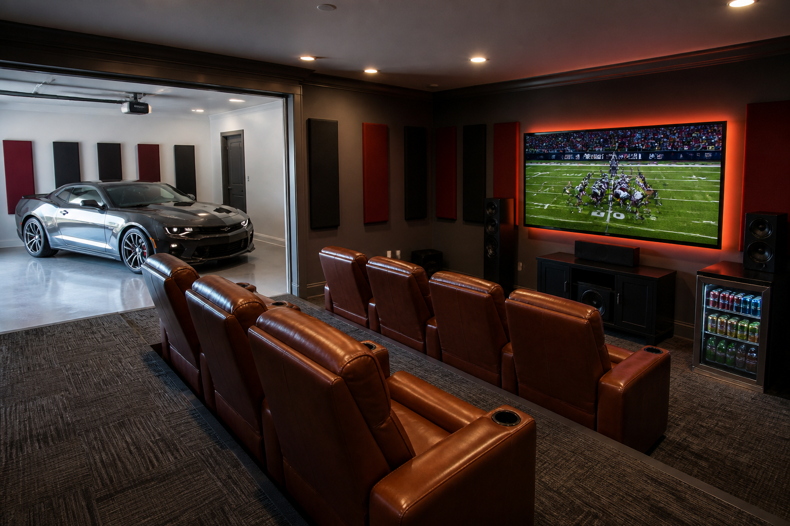 Home theater style garage sports viewing room with reclining seats and large mounted television