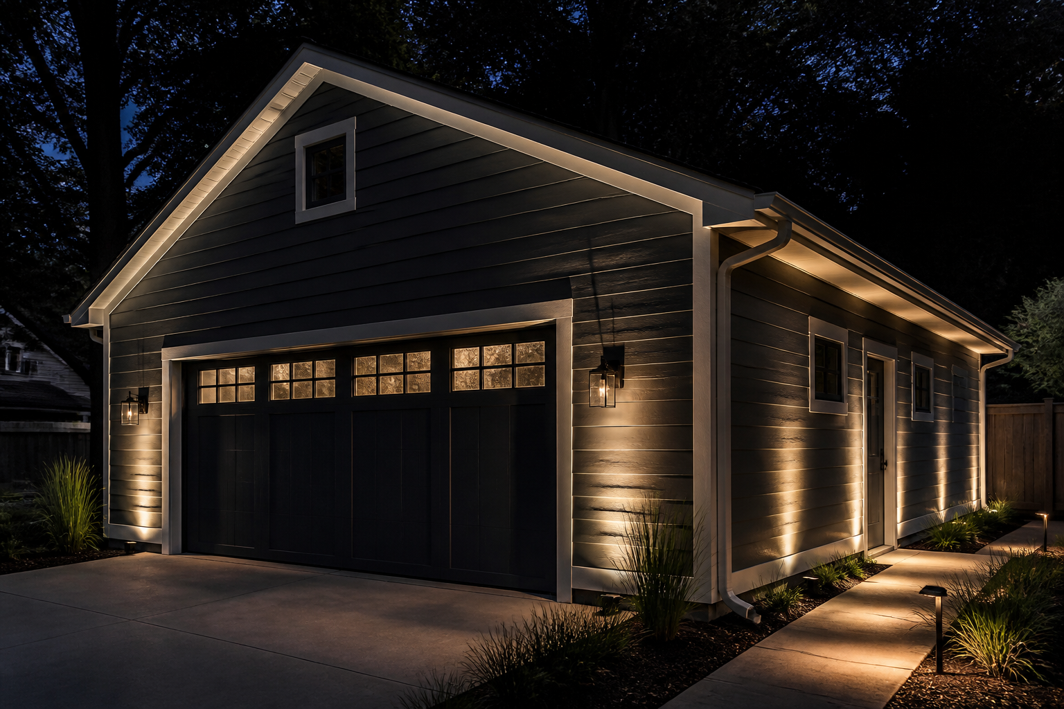 Garage exterior with uplighting washing walls from ground level creating dramatic architectural shadows