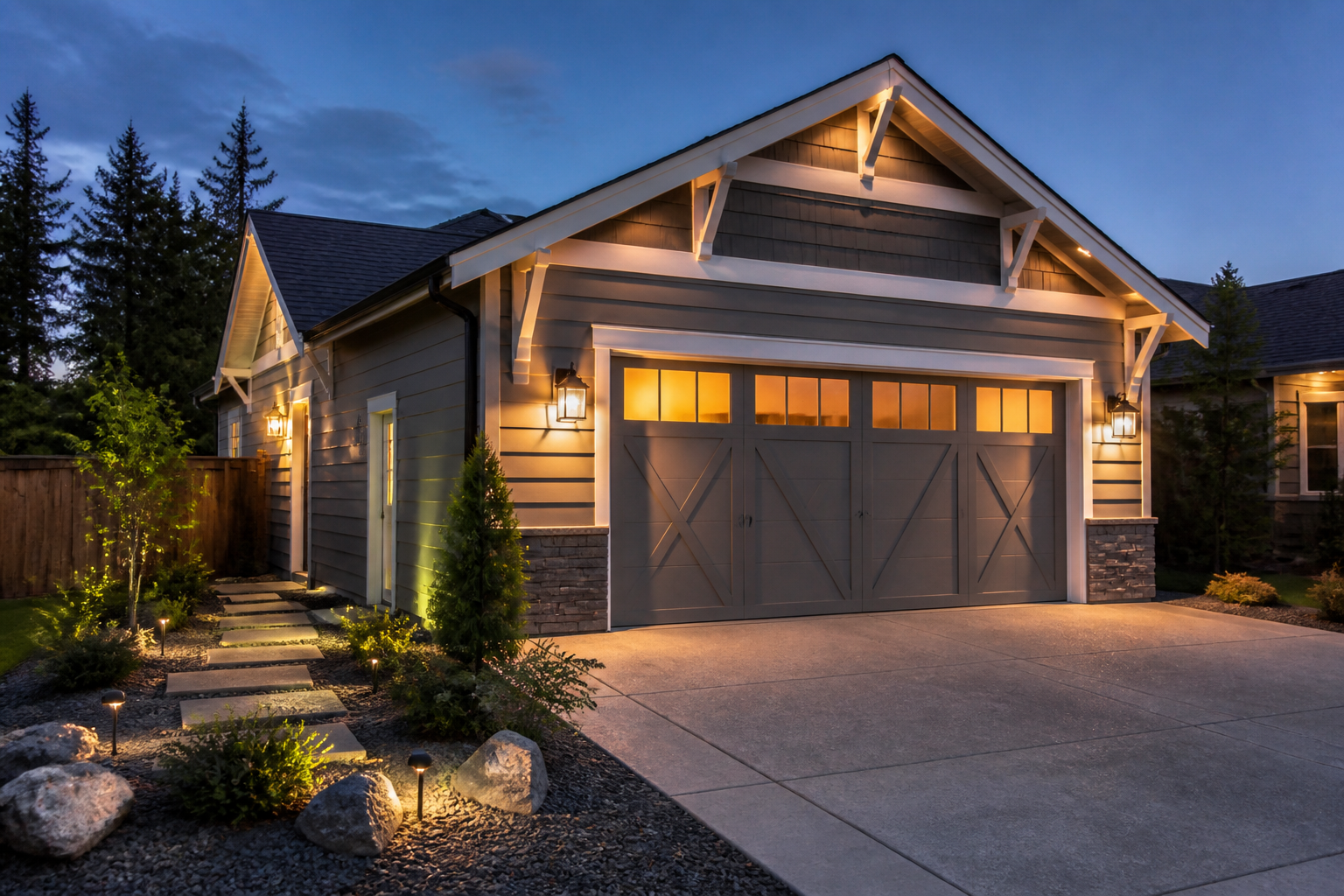 Craftsman garage with accent lighting highlighting decorative trim and architectural details at twilight