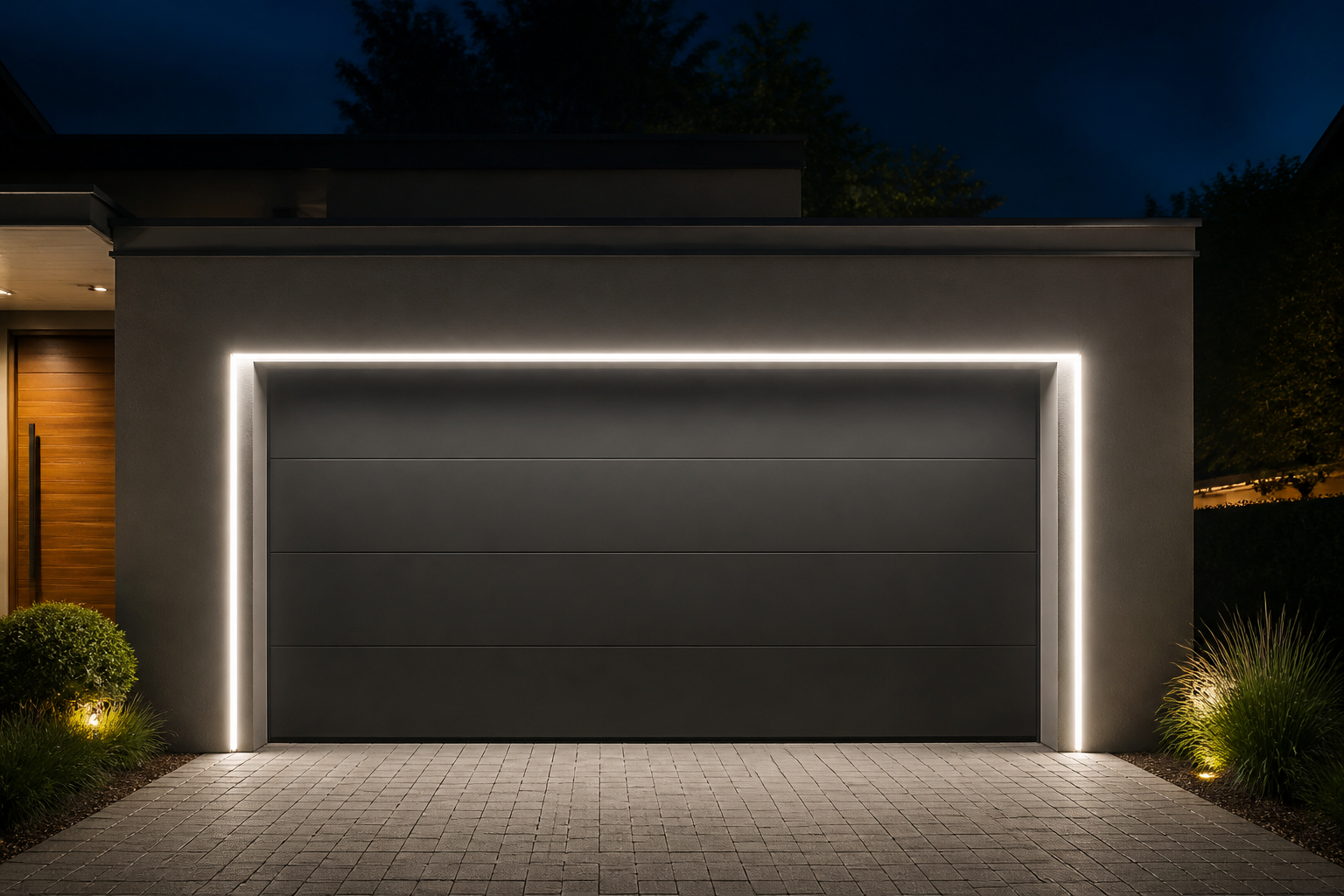 Contemporary garage featuring LED strip lighting outlining door frame for modern geometric accent