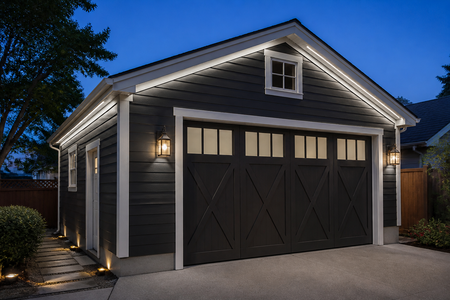Contemporary garage with LED strip lighting under eaves creating subtle architectural accent at twilight